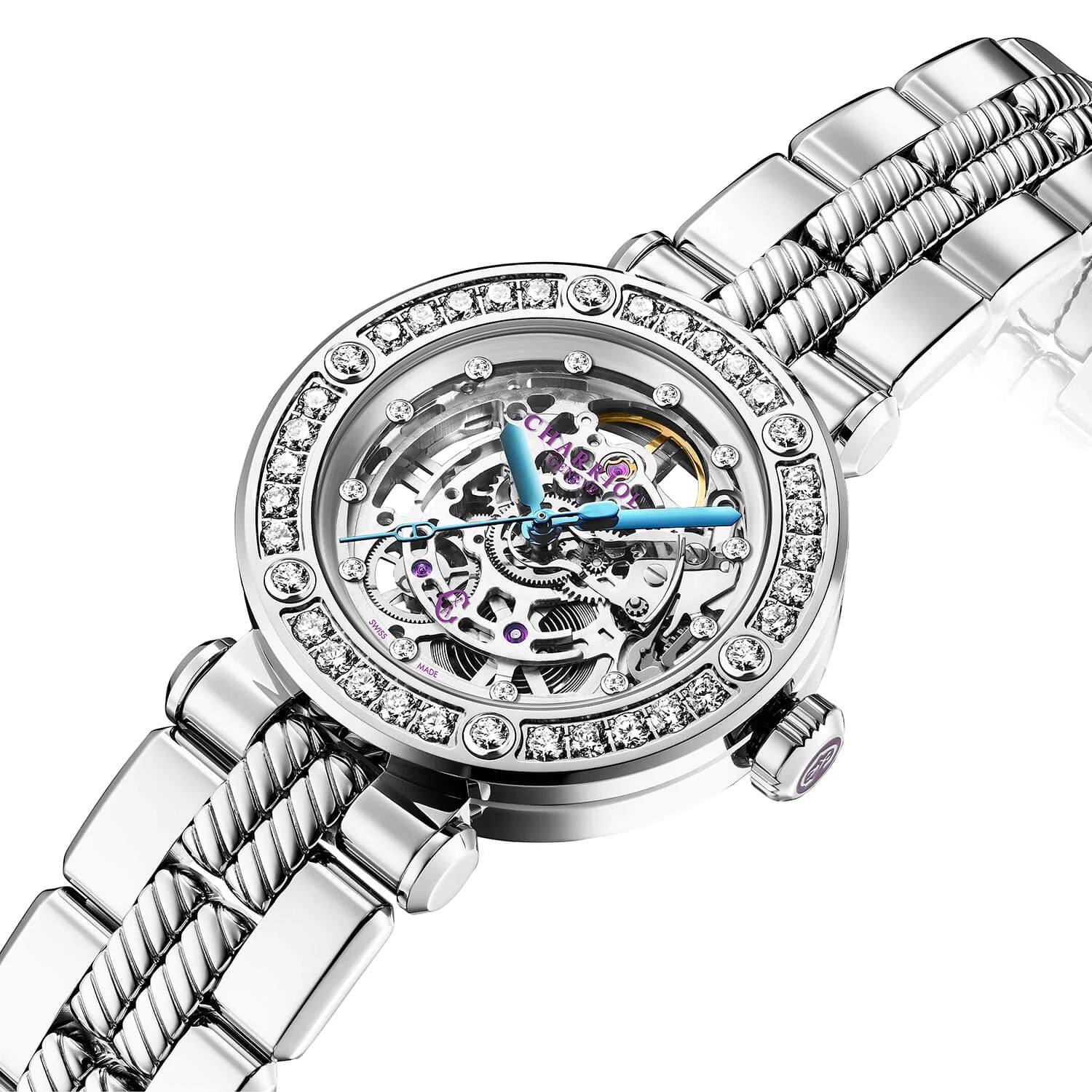 NAVIGATOR CRUISE, 36MM, CALIBRE AUTOMÁTICO DE ESQUELETÓN Charriol , CRISTAL CON 12 DIAMANTES DIAL DE ANILLO INTERIOR, ACERO CON 30 DIAMANTES FULCRO Y 6 DIAMANTES, PULSERA DE METAL INTERCAMBIABLE - © 2024 Charriol - Relojes