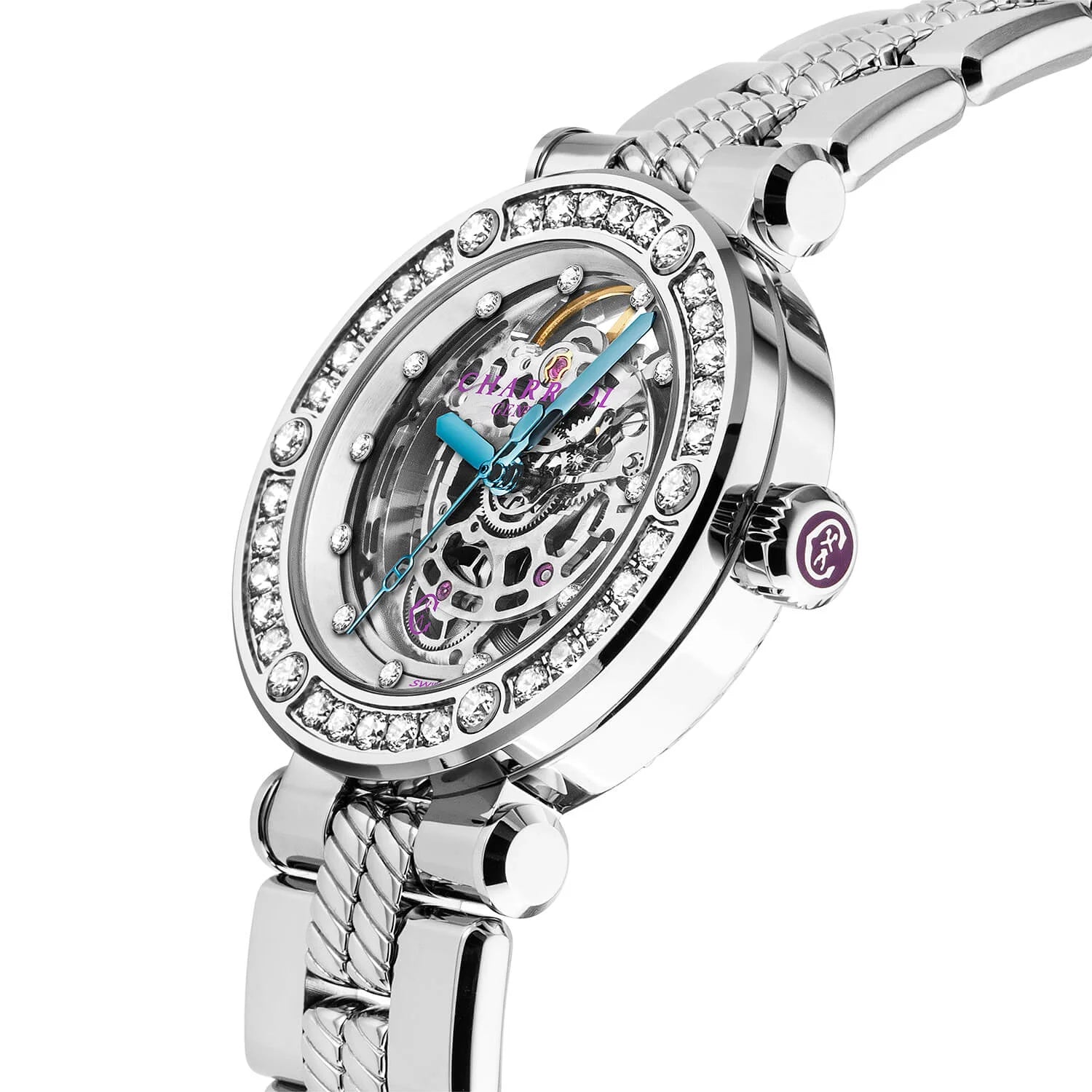 NAVIGATOR CRUISE, 36MM, CALIBRE AUTOMÁTICO DE ESQUELETÓN Charriol , CRISTAL CON 12 DIAMANTES DIAL DE ANILLO INTERIOR, ACERO CON 30 DIAMANTES FULCRO Y 6 DIAMANTES, PULSERA DE METAL INTERCAMBIABLE - © 2024 Charriol - Relojes