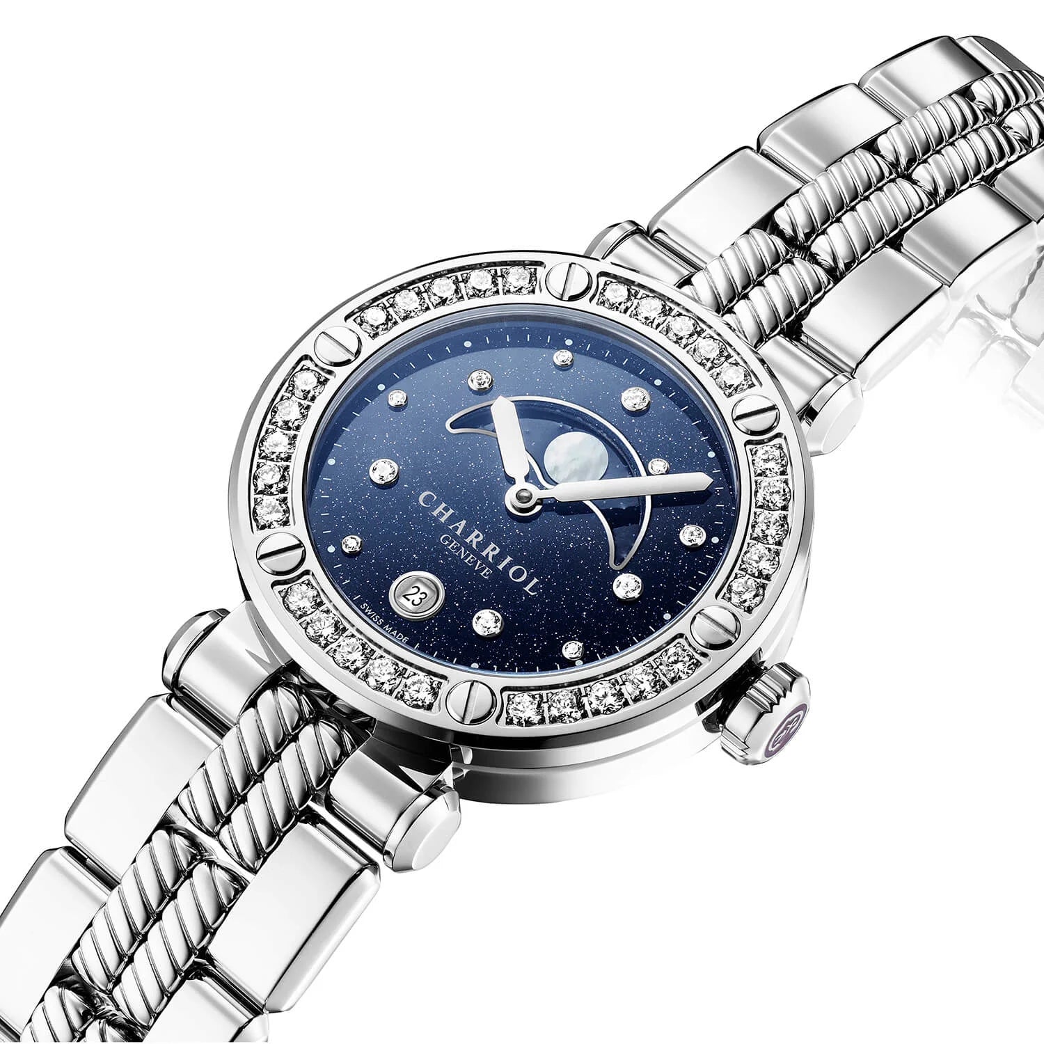 NAVIGATOR CRUISE, 36MM, CALIBRE CUARZO LUNAFASE, IMPRESO AVENTURINA CON 11 DIAMANTES DIAL, ACERO CON 30 DIAMANTES Y 6 TORNILLOS BEZEL, PULSERA DE METAL INTERCAMBIABLE - © 2024 Charriol - Reloj