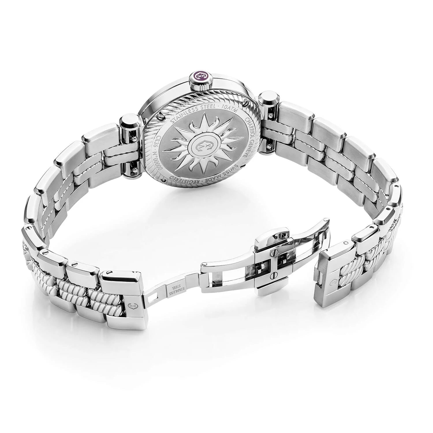 NAVIGATOR CRUISE, 36MM, CALIBRE CUARZO LUNAFASE, IMPRESO AVENTURINA CON 11 DIAMANTES DIAL, ACERO CON 30 DIAMANTES Y 6 TORNILLOS BEZEL, PULSERA DE METAL INTERCAMBIABLE - © 2024 Charriol - Reloj