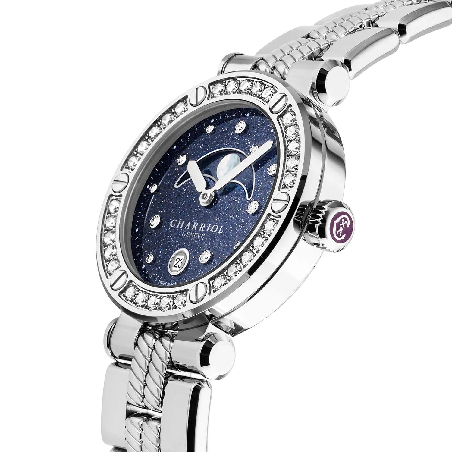 NAVIGATOR CRUISE, 36MM, CALIBRE CUARZO LUNAFASE, IMPRESO AVENTURINA CON 11 DIAMANTES DIAL, ACERO CON 30 DIAMANTES Y 6 TORNILLOS BEZEL, PULSERA DE METAL INTERCAMBIABLE - © 2024 Charriol - Reloj