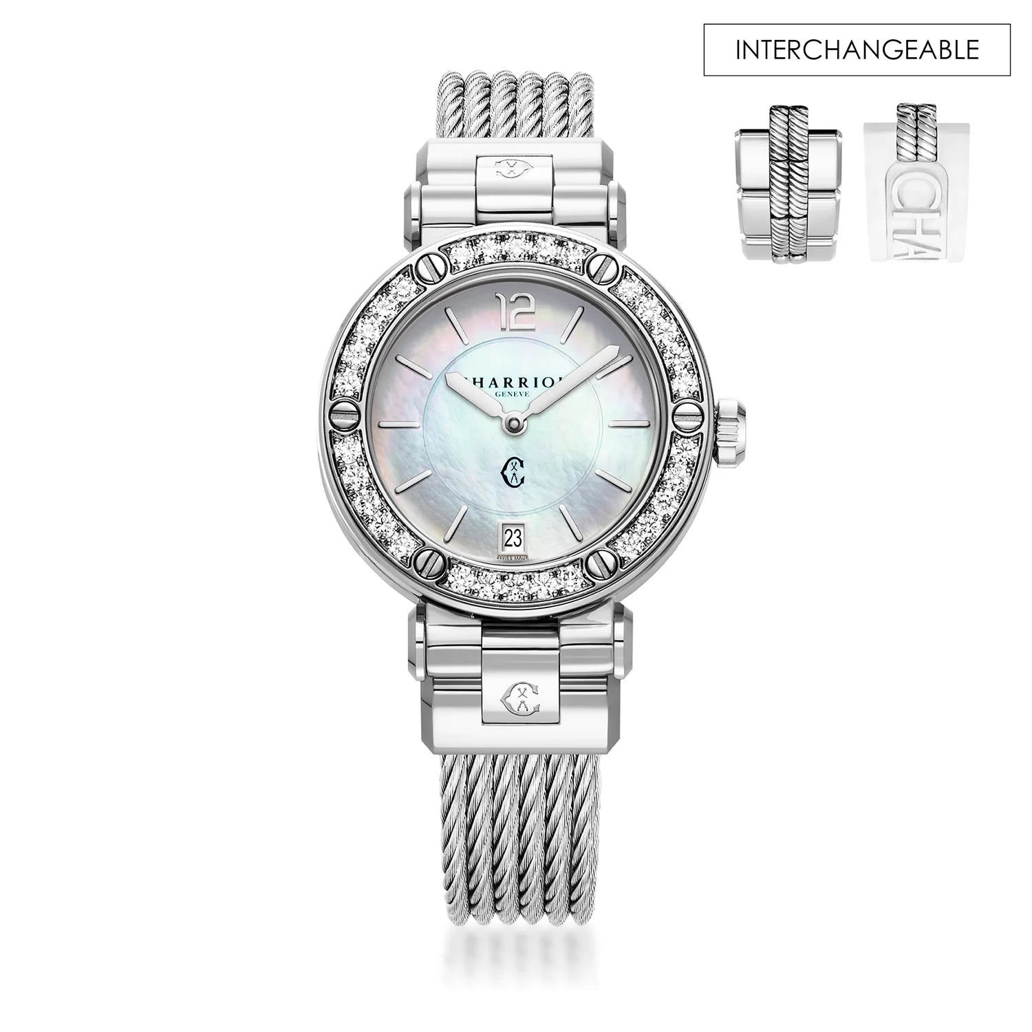 St Tropez Cruise Reloj 36mm Cable Gris Claro, 30 Diamantes Gris Claro & 5 Tornillos Bisel y Esfera Blanca MOP - Charriol Geneve - Relojes