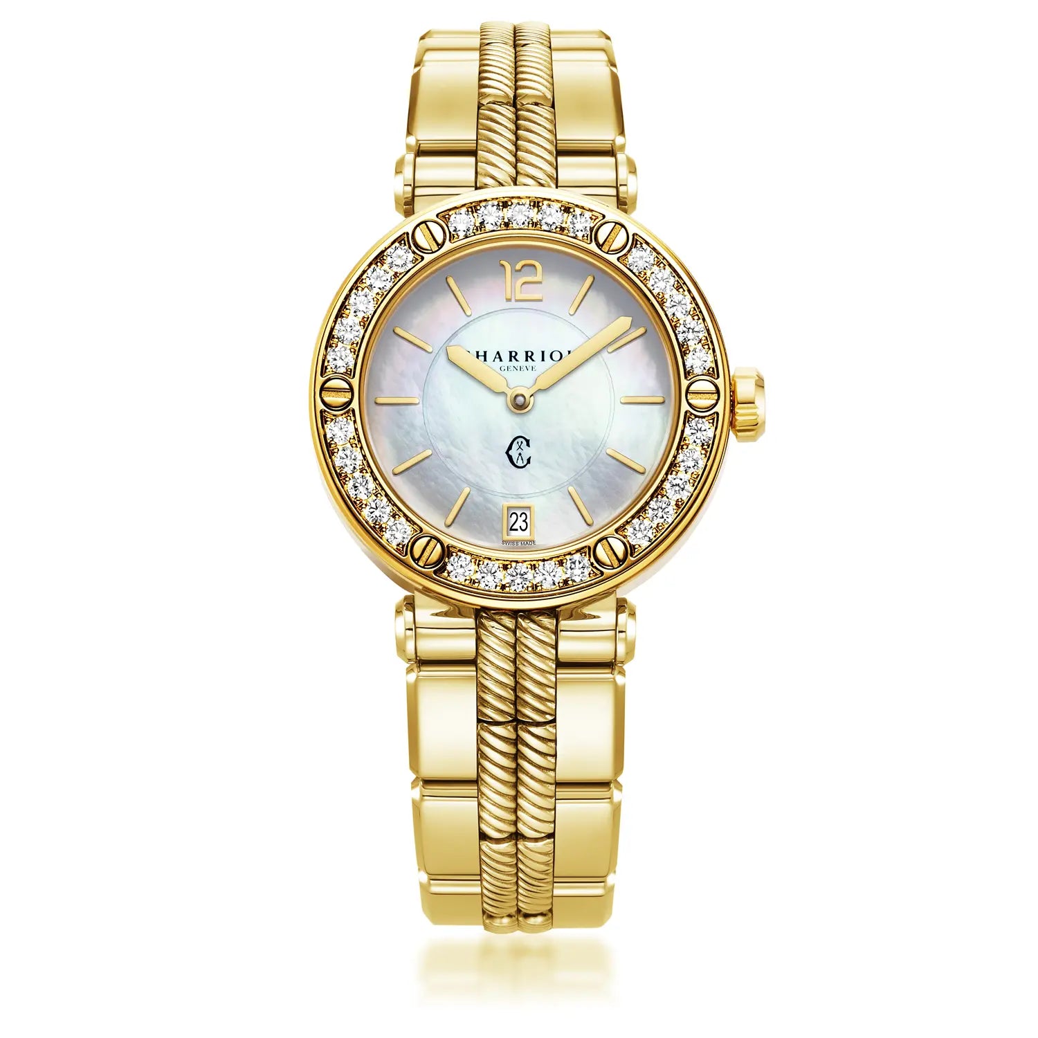 NAVIGATOR CRUISE, 36MM, CALIBRE CUARZO, DIAL DE PERLA MADRE, 30 DIAMANTES BEZEL, PVD ORO ACERO AMARILLO PULSERA INTERCAMBIABLE - Charriol Geneve - Watch