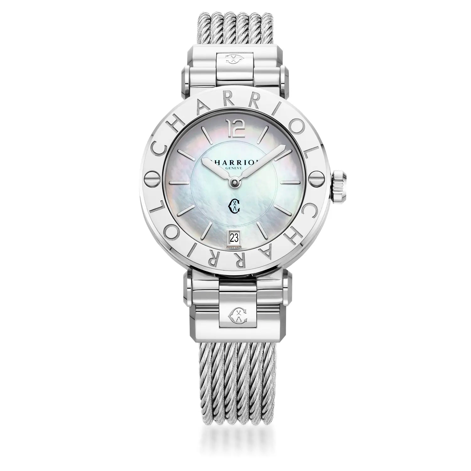 NAVIGATOR CRUISE, 36MM, CALIBRE CUARZO, ESFERA DE PERLA MADRE, "CHARRIOL CHARRIOL " BEZEL, CABLE DE ACERO PULSERA INTERCAMBIABLE - Charriol Geneve - Relojes