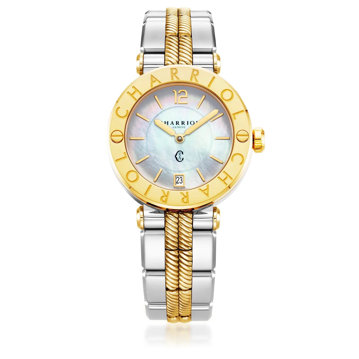 St Tropez Cruise Reloj 36mm Gris claro y brazalete de oro amarillo, bisel de oro amarillo y 2 tornillos y esfera blanca MOP - Charriol Geneve - Relojes