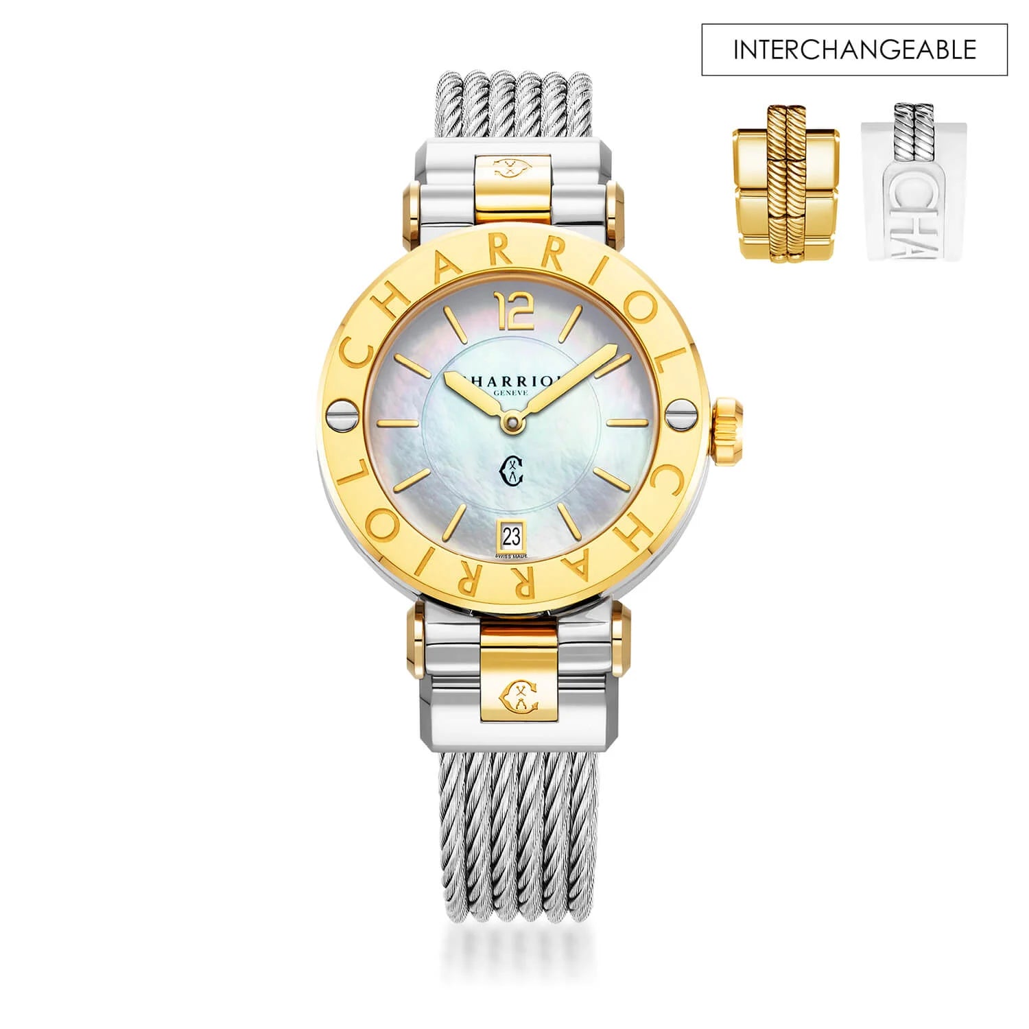 NAVIGATOR CRUISE, 36MM, CALIBRE CUARZO, ESFERA DE PERLA MADRE, "CHARRIOL CHARRIOL " BEZEL, CABLE DE ACERO PULSERA INTERCAMBIABLE - Charriol Geneve - Relojes