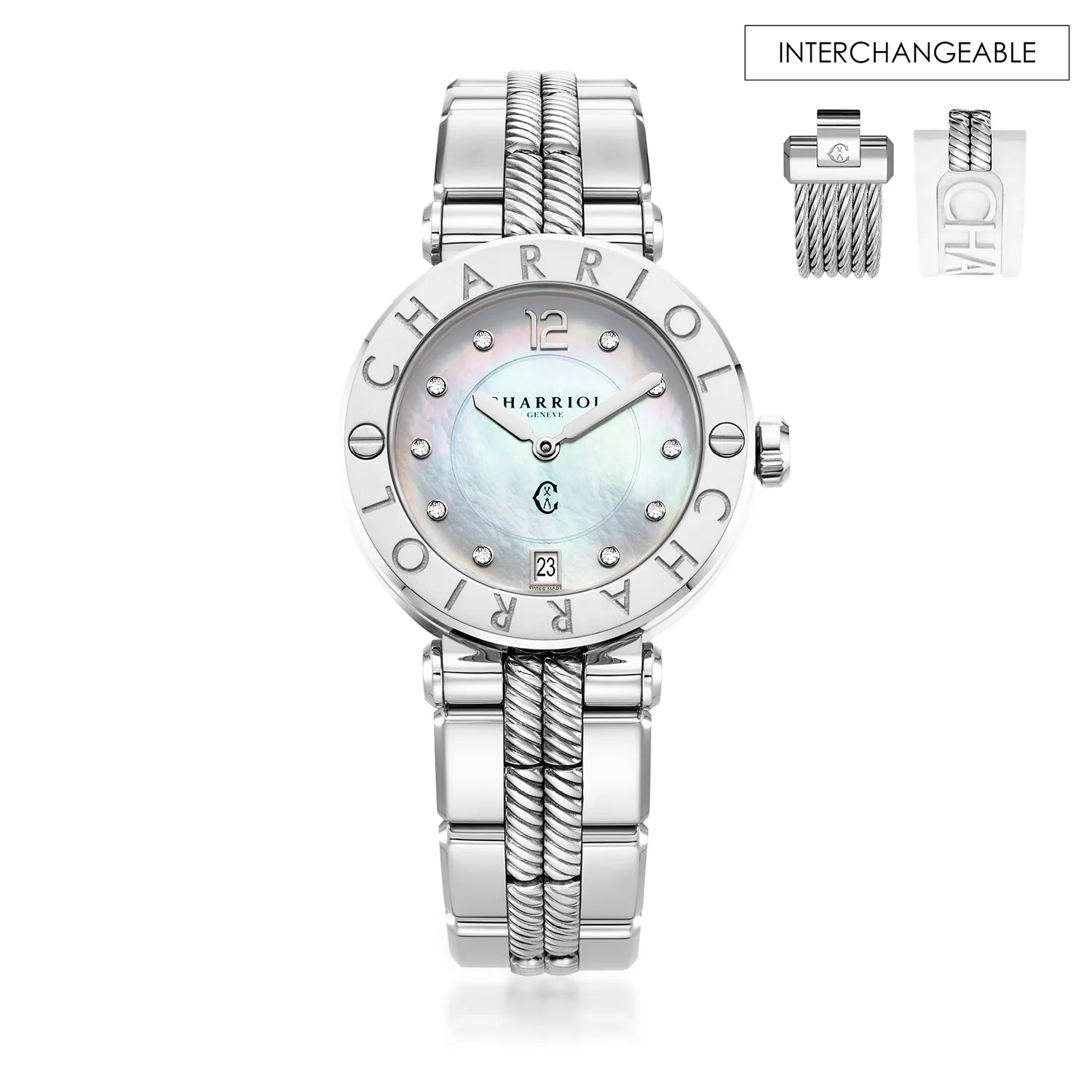 NAVIGATOR CRUISE36MM, CUARZO CALIBRE, PERLA CON 10 DIAMANTES DIAL, "CHARRIOL CHARRIOL " BEZEL, ACERO PULSERA INTERCAMBIABLE - Charriol Geneve - Watch