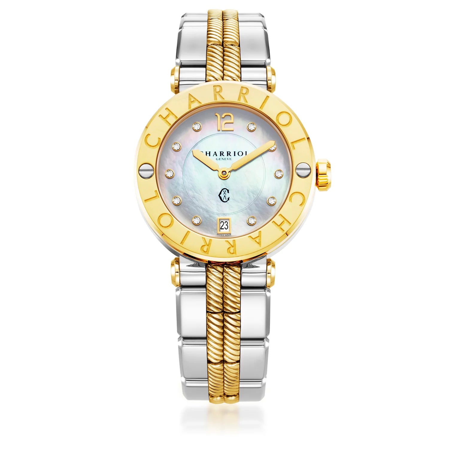 NAVIGATOR CRUISE, 36MM, CALIBRE CUARZO, PERLA MADRE CON 10 DIAMANTES DIAL, "CHARRIOL CHARRIOL " BEZEL, BICOLOR PULSERA INTERCAMBIABLE - Charriol Geneve - Watch