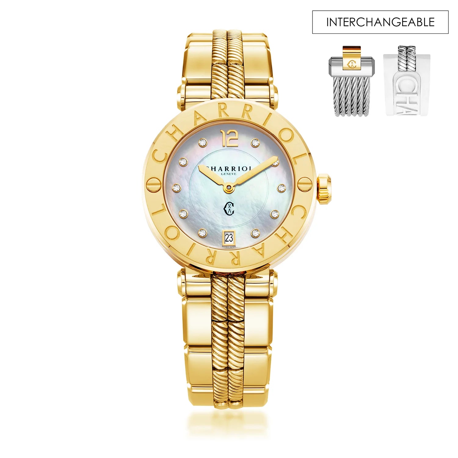 NAVIGATOR CRUISE, 36MM, CALIBRE CUARZO, PERLA MADRE CON 10 DIAMANTES DIAL, "CHARRIOL CHARRIOL " BEZEL, ACERO ORO AMARILLO PVD PULSERA INTERCAMBIABLE - Charriol Geneve - Watch