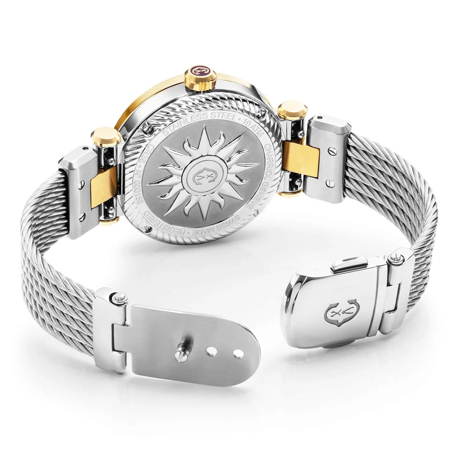 NAVIGATOR CRUISE, 36MM, QUARTZ CALIBRE, WHITE MOTHER-OF-PEARL WITH 12 ROMAN FIGURES DIAL, STEEL YELLOW GOLD PVD "CHARRIOL CHARRIOL" WITH 2 SCREWS, STEEL INTERCHANGEABLE CABLE BRACELET - © 2024 Charriol -  Watch