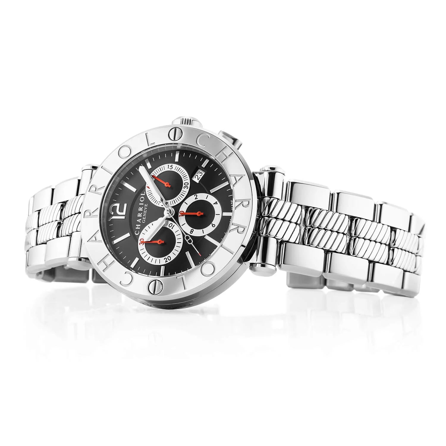 NAVIGATOR CRUISE, 41MM, CALIBRE CRONÓGRAFO CUARZO, NEGRO CON 3 ESPEJOS DE RODIO Y ESFERA DE ÍNDICE, ACERO "CHARRIOL CHARRIOL " CON 2 TORNILLOS BISEL, PULSERA DE METAL INTERCAMBIABLE - © 2024 Charriol - Reloj