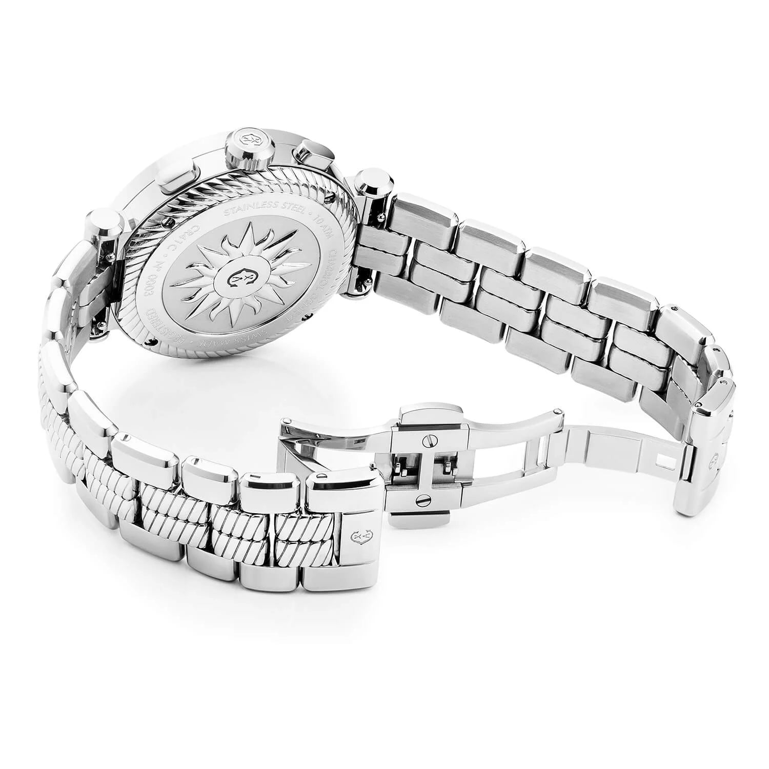 NAVIGATOR CRUISE, 41MM, CALIBRE CRONÓGRAFO CUARZO, NEGRO CON 3 ESPEJOS DE RODIO Y ESFERA DE ÍNDICE, ACERO "CHARRIOL CHARRIOL " CON 2 TORNILLOS BISEL, PULSERA DE METAL INTERCAMBIABLE - © 2024 Charriol - Reloj