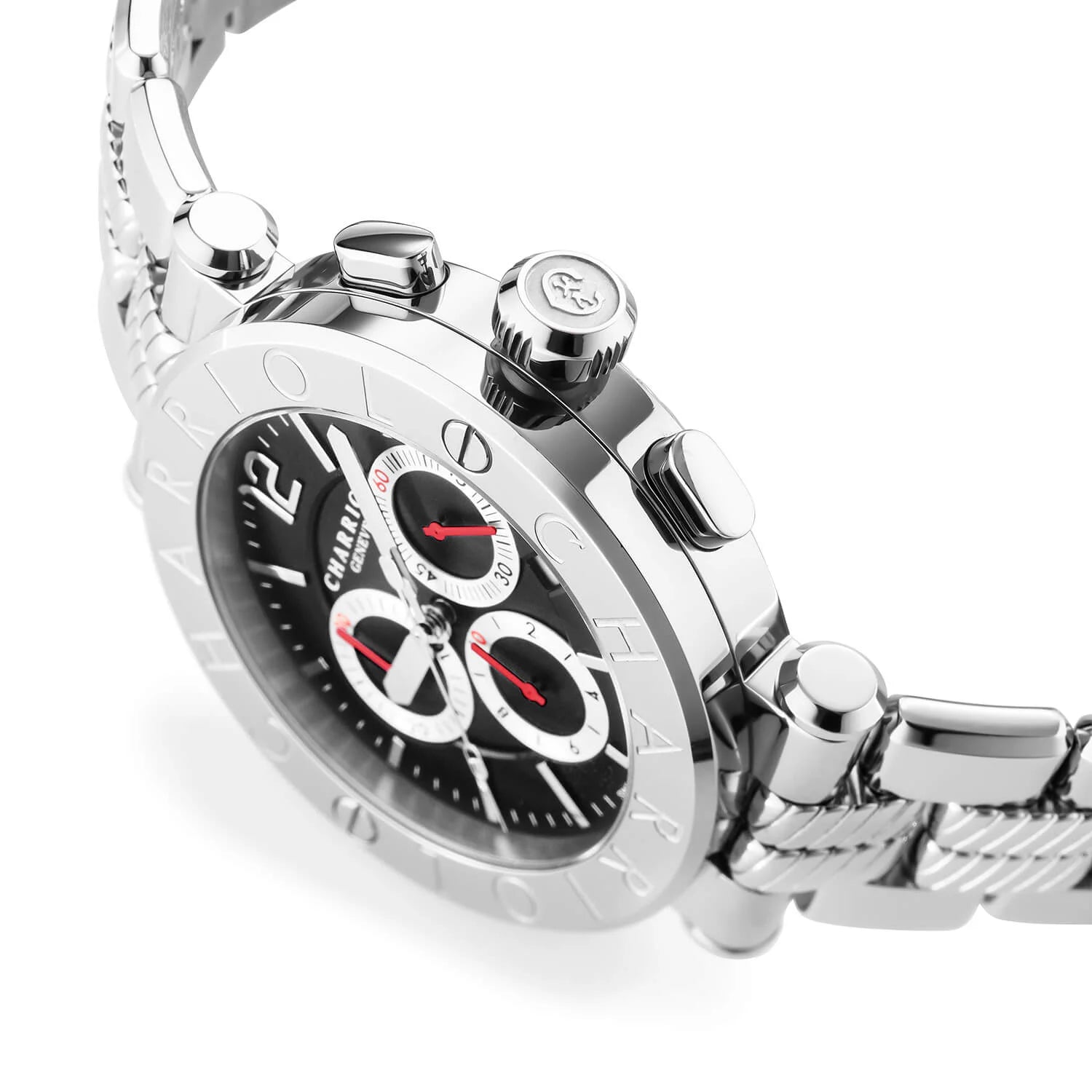 NAVIGATOR CRUISE, 41MM, CALIBRE CRONÓGRAFO CUARZO, NEGRO CON 3 ESPEJOS DE RODIO Y ESFERA DE ÍNDICE, ACERO "CHARRIOL CHARRIOL " CON 2 TORNILLOS BISEL, PULSERA DE METAL INTERCAMBIABLE - © 2024 Charriol - Reloj