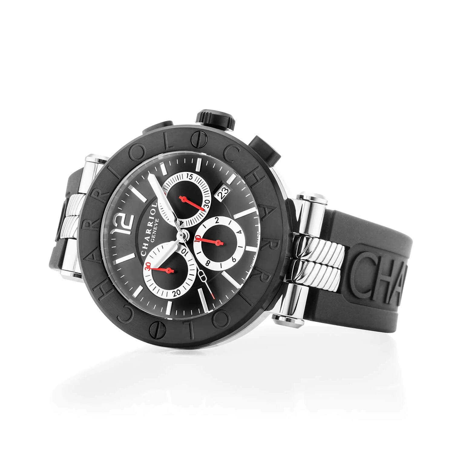 NAVIGATOR CRUISE, 41MM, CALIBRE CRONÓGRAFO CUARZO, ESFERA NEGRA CON CRUZ ROJA, PVD ACERO NEGRO "CHARRIOL CHARRIOL " BEZEL, CORREA DE GOMA NEGRA INTERCAMBIABLE - © 2024 Charriol - Watch
