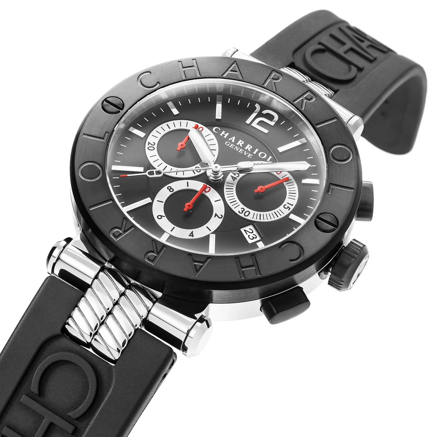 NAVIGATOR CRUISE, 41MM, CALIBRE CRONÓGRAFO CUARZO, ESFERA NEGRA CON CRUZ ROJA, PVD ACERO NEGRO "CHARRIOL CHARRIOL " BEZEL, CORREA DE GOMA NEGRA INTERCAMBIABLE - © 2024 Charriol - Watch