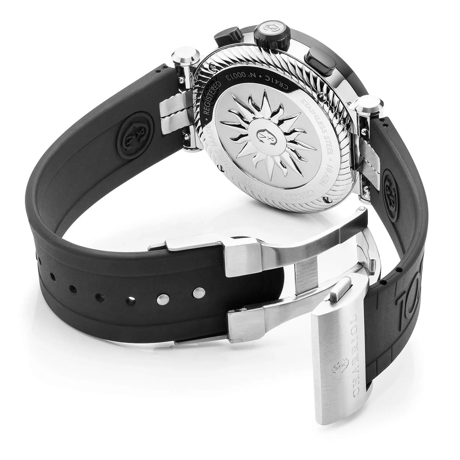 NAVIGATOR CRUISE, 41MM, CALIBRE CRONÓGRAFO CUARZO, ESFERA NEGRA CON CRUZ ROJA, PVD ACERO NEGRO "CHARRIOL CHARRIOL " BEZEL, CORREA DE GOMA NEGRA INTERCAMBIABLE - © 2024 Charriol - Watch