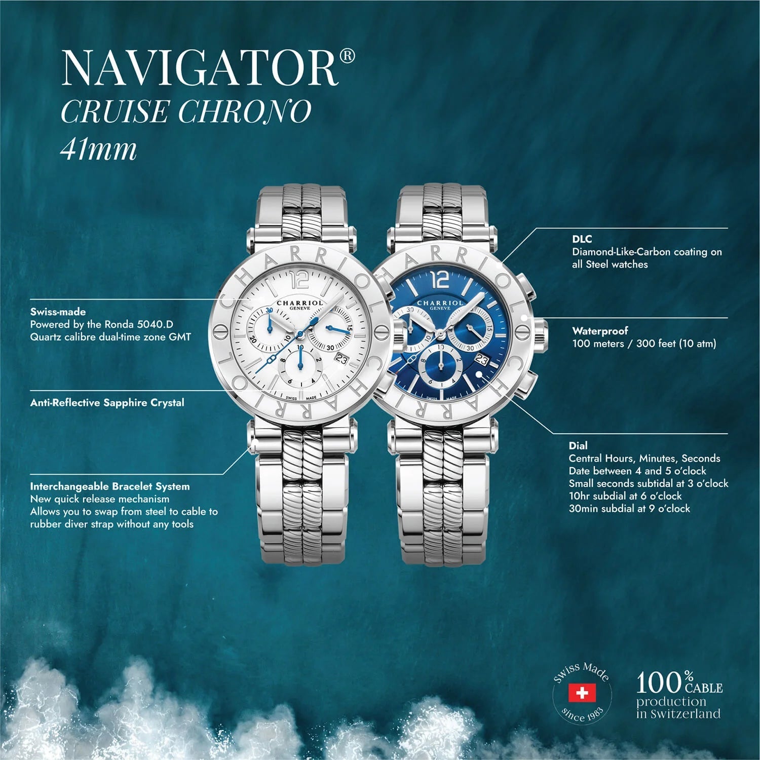 NAVIGATOR CRUISE, 41MM, CALIBRE CRONÓGRAFO CUARZO, ESFERA BLANCA, "CHARRIOL CHARRIOL " BISEL, PULSERA INTERCAMBIABLE ACERO - Charriol Geneve - Relojes