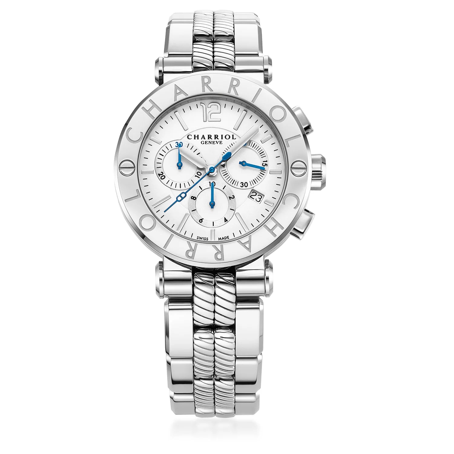 NAVIGATOR CRUISE, 41MM, CALIBRE CRONÓGRAFO CUARZO, ESFERA BLANCA, "CHARRIOL CHARRIOL " BISEL, PULSERA INTERCAMBIABLE ACERO - Charriol Geneve - Relojes