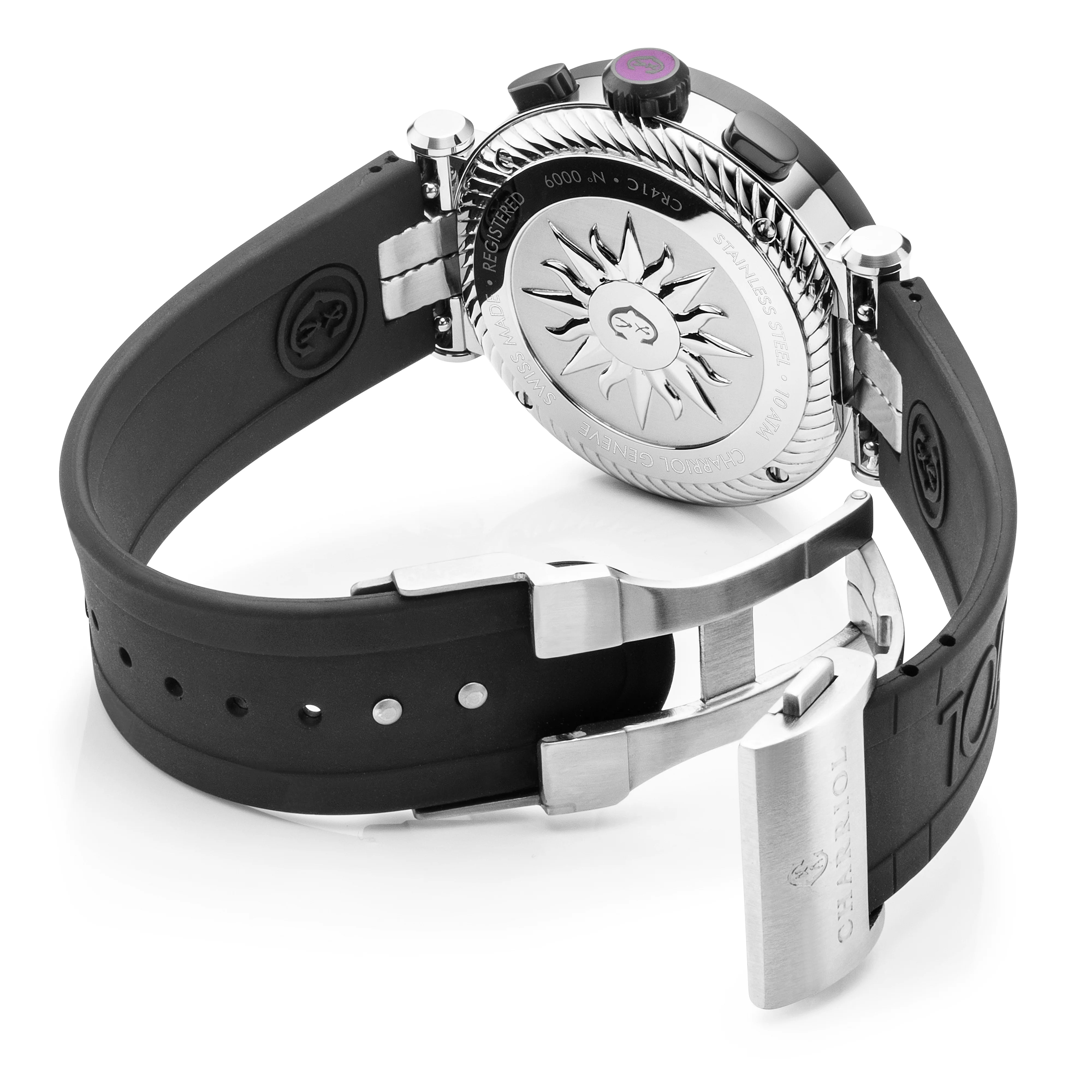 NAVIGATOR CRUISE, 41MM, QUARTZ CHRONOGRAPH CALIBRE, WHITE DIAL WITH 1 ARABIC AND 11 RHODIUM INDEX DIAL, STEEL BLACK PVD "CHARRIOL CHARRIOL" BEZEL, BLACK RUBBER INTERCHANGEABLE BRACELET - ©2025 Philippe Charriol International Ltd. -  Watch