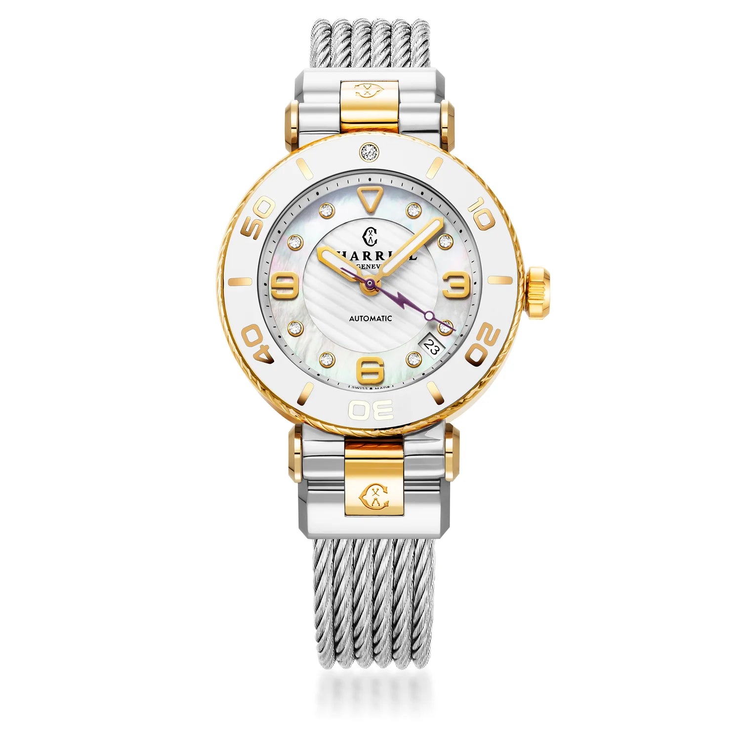 NAVIGATOR SURF, 36MM, CALIBRE AUTOMÁTICO, ESFERA BLANCA, BISEL BLANCO, PULSERA INTERCAMBIABLE CON CABLE DE ACERO - Charriol Geneve - Relojes