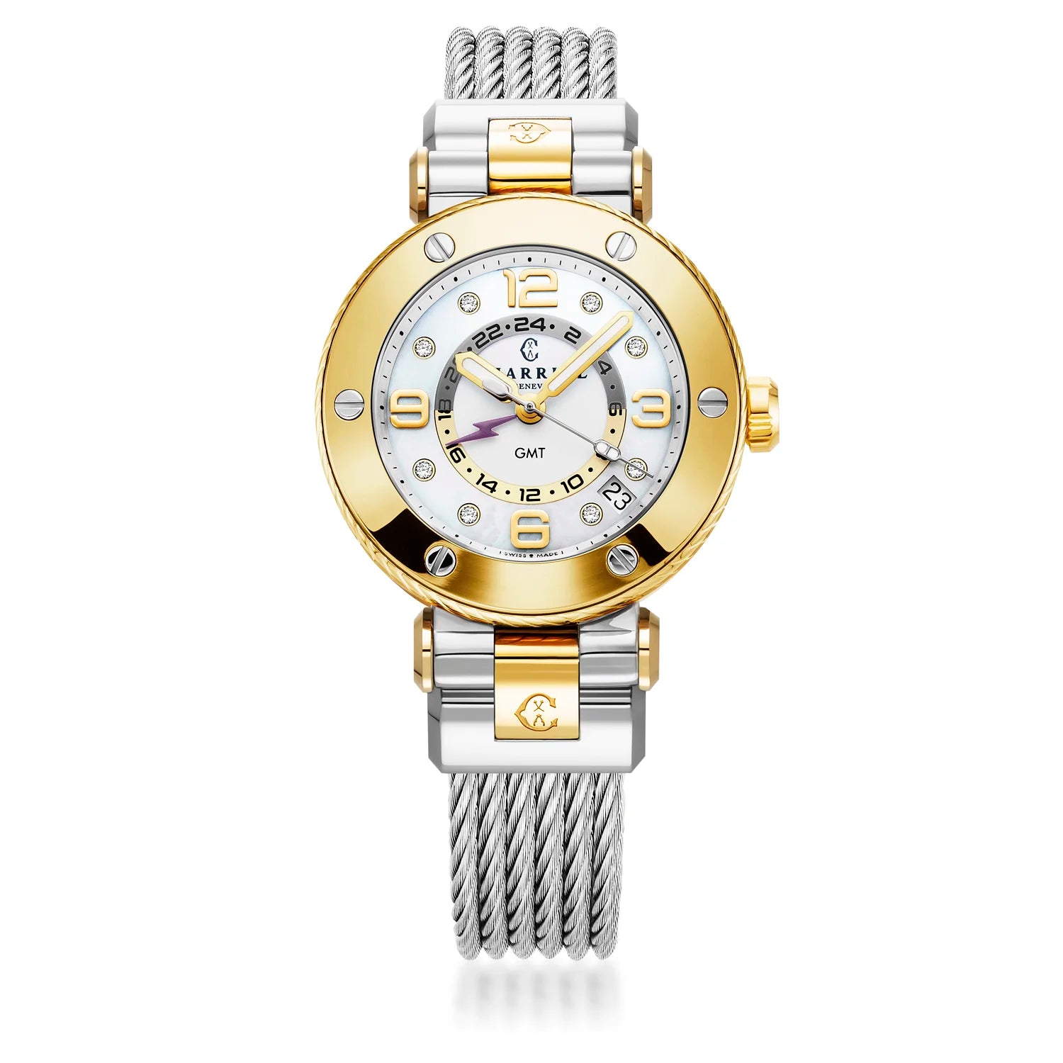 NAVIGATOR SURF GMT, 36MM, CALIBRE GMT CUARZO, ESFERA BLANCA, BISEL 6 TORNILLOS, PULSERA INTERCAMBIABLE CABLE DE ACERO - Charriol Geneve - Relojes