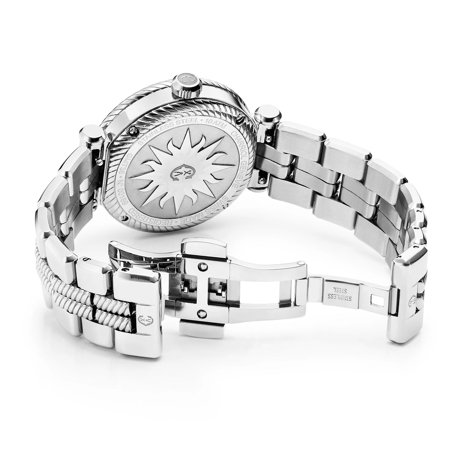 NAVIGATOR SURF GMT, 36MM, CALIBRE GMT CUARZO, ESFERA BLANCA, BISEL 6 TORNILLOS, PULSERA INTERCAMBIABLE ACERO - Charriol Geneve - Relojes