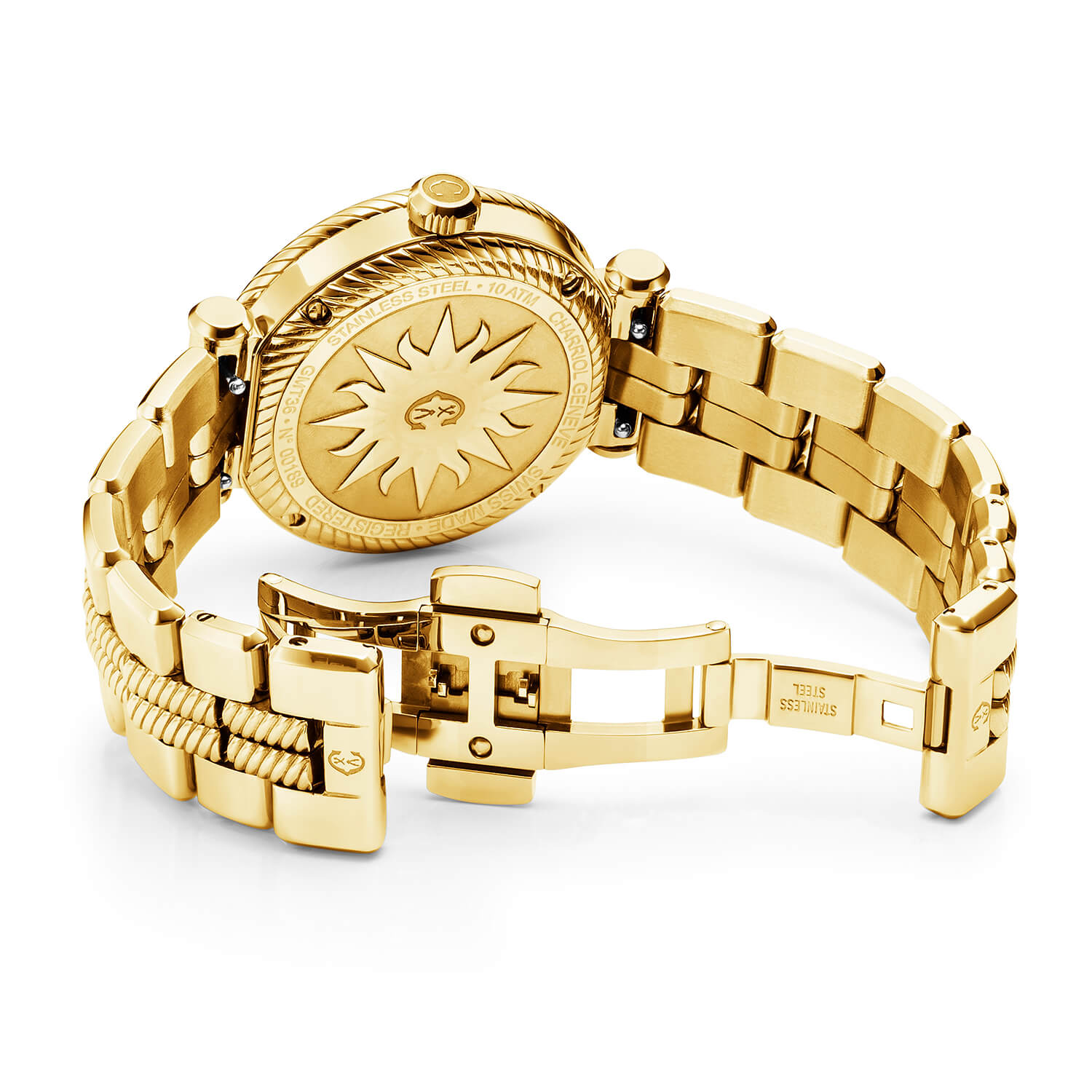 NAVIGATOR SURF GMT, 36MM, CALIBRE GMT CUARZO, ESFERA BLANCA, BISEL 6 TORNILLOS, PULSERA INTERCAMBIABLE ACERO ORO AMARILLO - Charriol Geneve - Relojes
