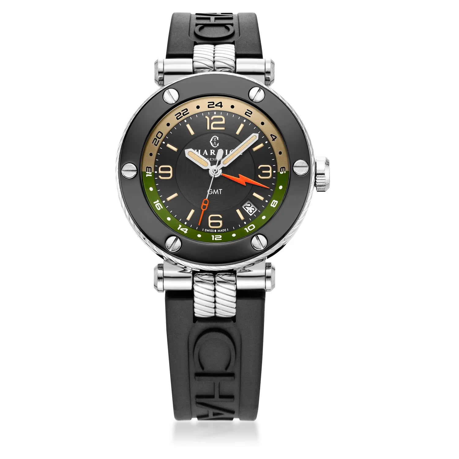 NAVIGATOR SURF GMT, 41MM, CALIBRE AUTOMÁTICO, ESFERA NEGRA, BISEL DE 6 TORNILLOS, PULSERA INTERCAMBIABLE DE GOMA NEGRA, Edición Limitada x @time_mechanic - Charriol Geneve - Relojes