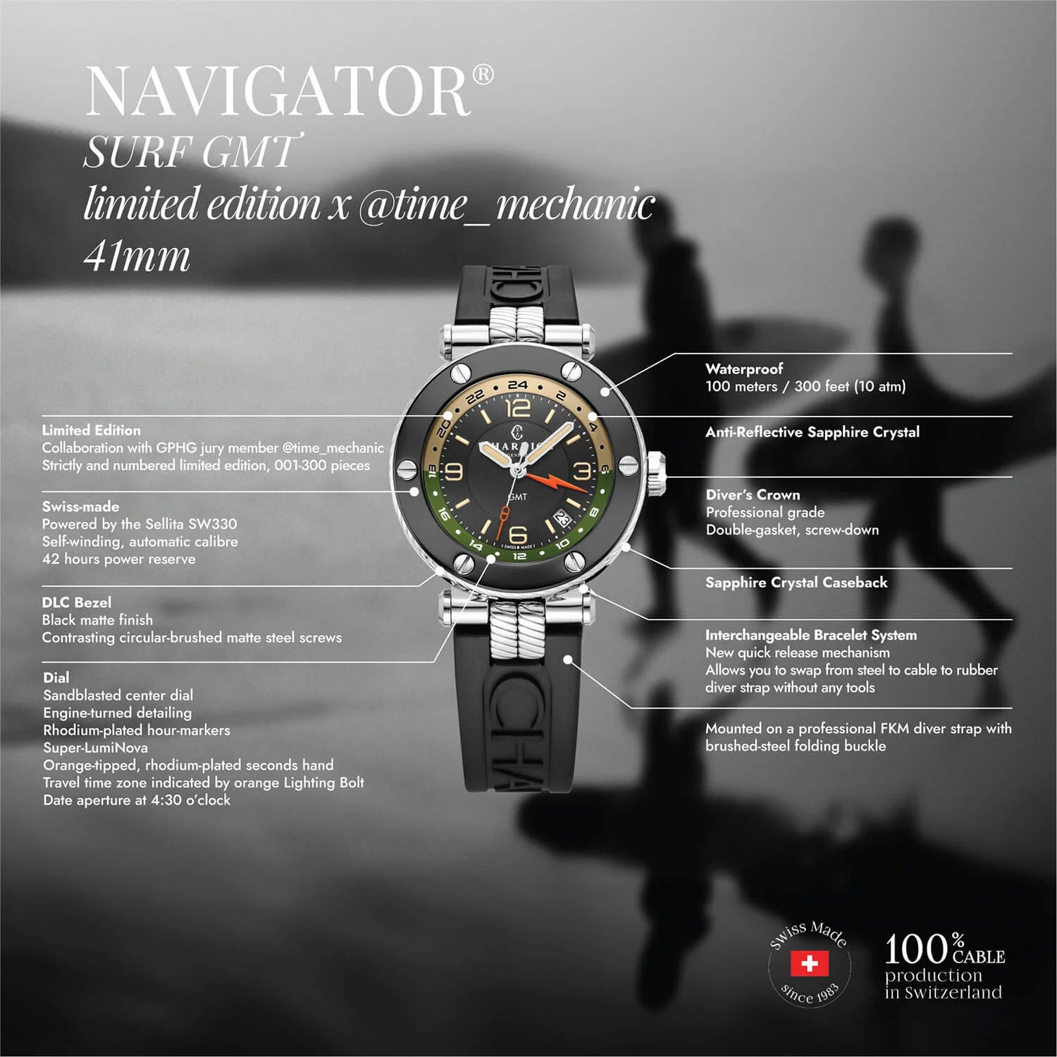 NAVIGATOR SURF GMT, 41MM, CALIBRE AUTOMÁTICO, ESFERA NEGRA, BISEL DE 6 TORNILLOS, PULSERA INTERCAMBIABLE DE GOMA NEGRA, Edición Limitada x @time_mechanic - Charriol Geneve - Relojes