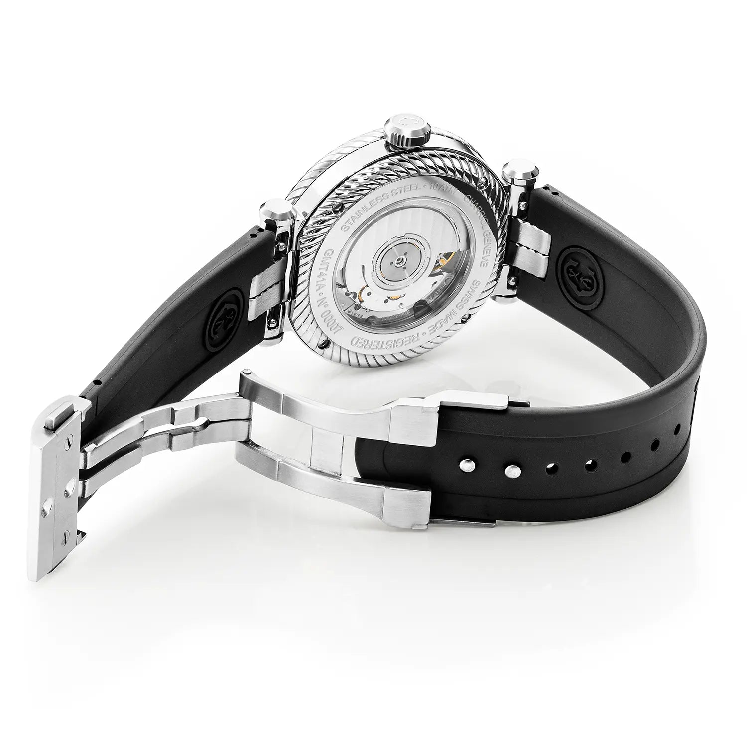 NAVIGATOR SURF GMT, 41MM, CALIBRE AUTOMÁTICO, ESFERA BLANCA, BISEL DE 6 TORNILLOS, PULSERA INTERCAMBIABLE DE GOMA NEGRA - Charriol Geneve - Relojes