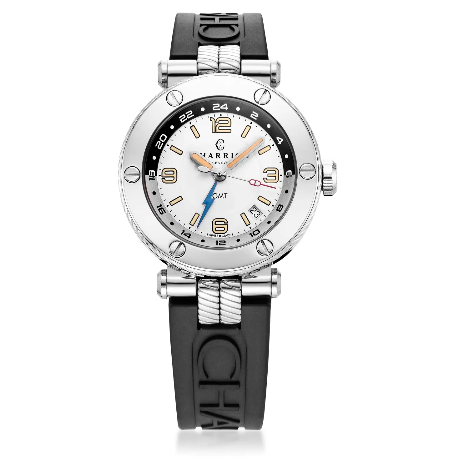 NAVIGATOR SURF GMT, 41MM, CALIBRE AUTOMÁTICO, ESFERA BLANCA, BISEL DE 6 TORNILLOS, PULSERA INTERCAMBIABLE DE GOMA NEGRA - Charriol Geneve - Relojes
