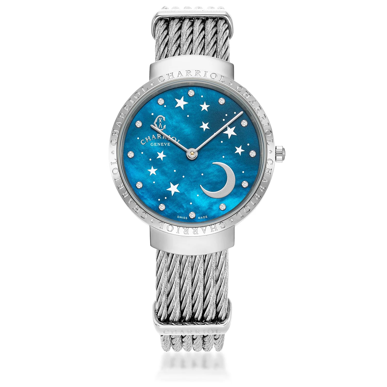 SLIM, 34MM, CUARZO CALIBRE, PERLA AZUL CON 12 DIAMANTES, "CHARRIOL CHARRIOL " BEZEL, PULSERA DE CABLE DE ACERO - Charriol Geneve - Watch