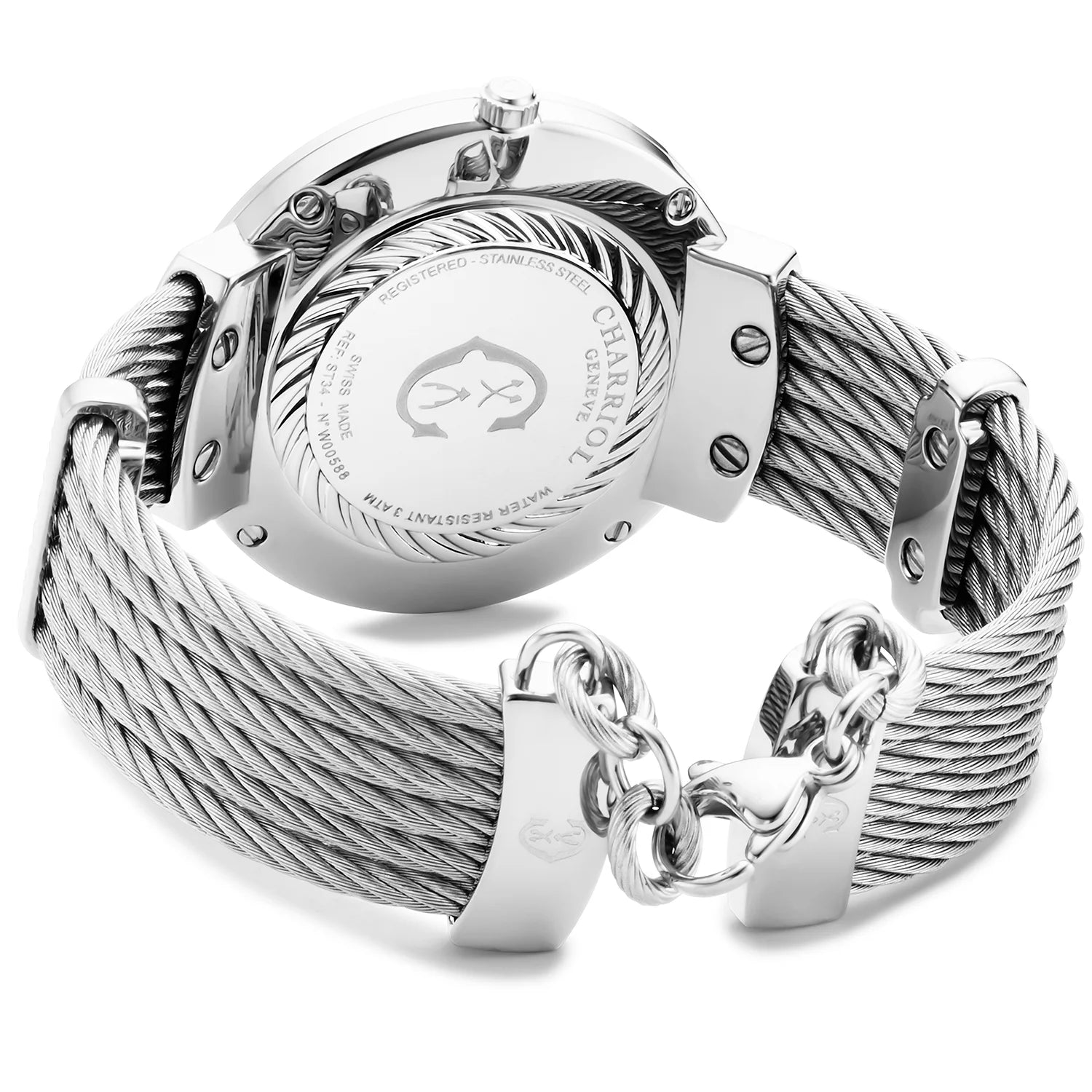 SLIM, 34MM, CUARZO CALIBRE, PERLA CON 12 DIAMANTES DIAL, "CHARRIOL CHARRIOL " BEZEL, PULSERA DE CABLE DE ACERO - Charriol Geneve - Relojes