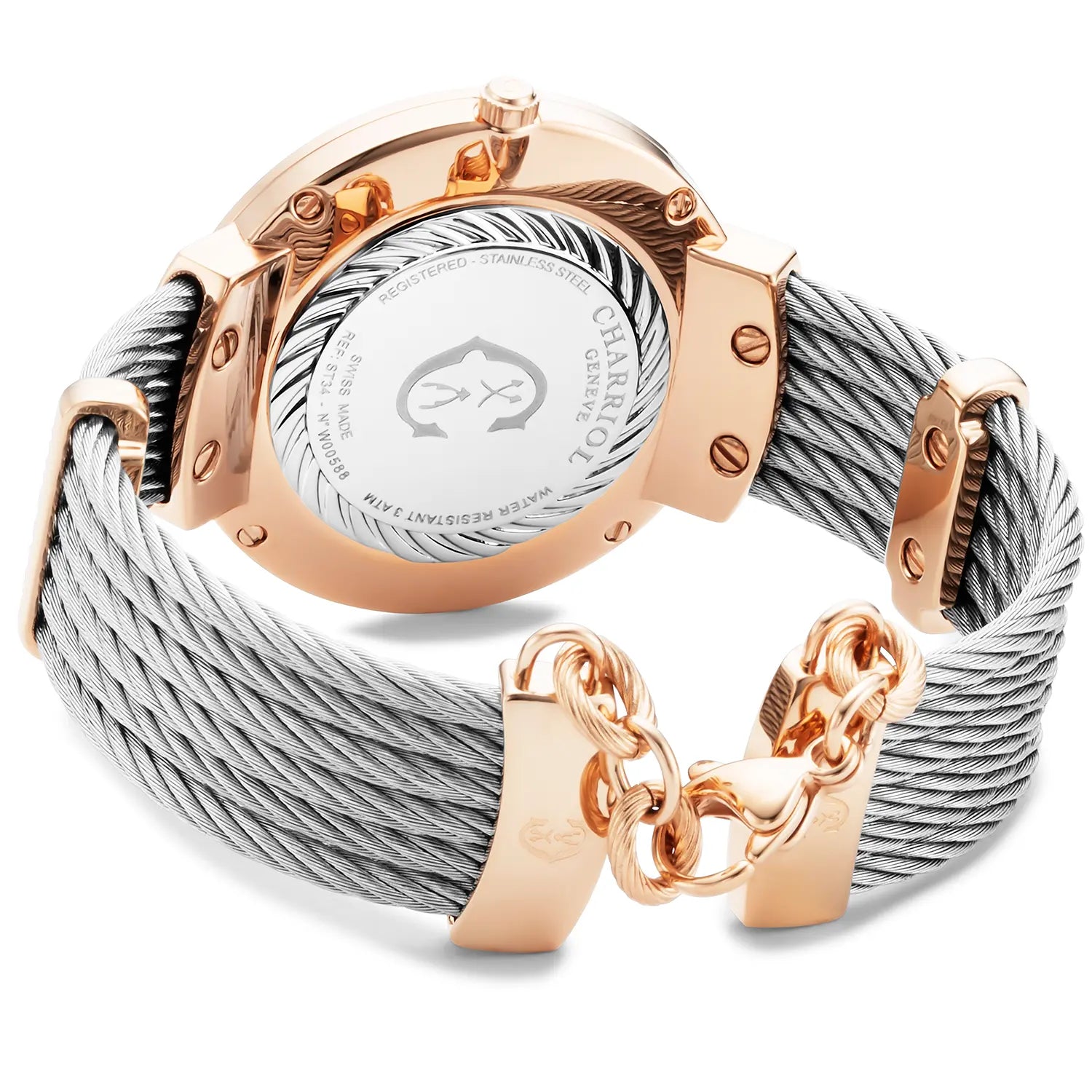SLIM, 34MM, CUARZO CALIBRE, PERLA CON 12 DIAMANTES DIAL, "CHARRIOL CHARRIOL " BEZEL, PULSERA DE CABLE DE ACERO - Charriol Geneve - Relojes
