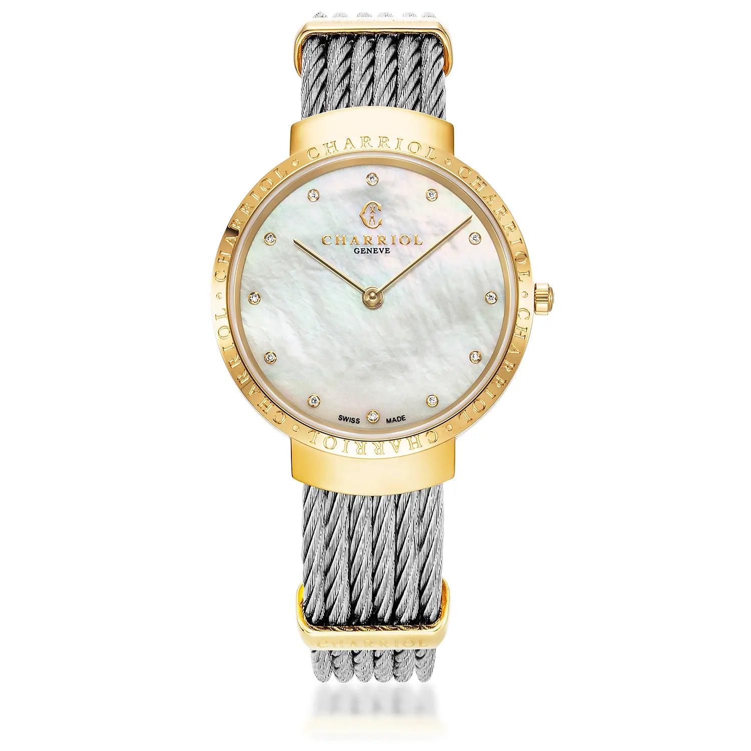 SLIM, 34MM, CUARZO CALIBRE, PERLA CON 12 DIAMANTES DIAL, "CHARRIOL CHARRIOL " BEZEL, PULSERA DE CABLE DE ACERO - Charriol Geneve - Relojes