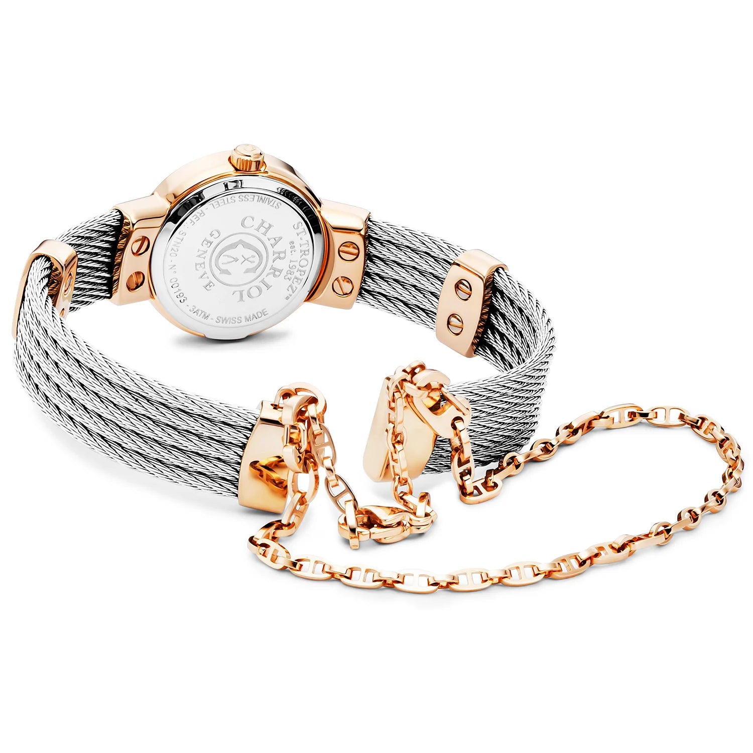 ST TROPEZ, 20MM, CALIBRE CUARZO, DIAL DE PERLA MADRE, PVD ORO ROSA CON 24 DIAMANTES, PULSERA DE CABLE DE ACERO - Charriol Geneve - Watch