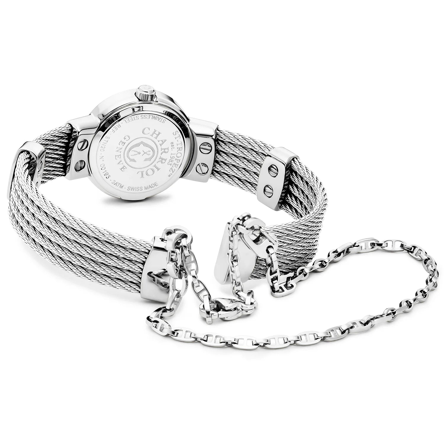 ST TROPEZ, 20MM, CALIBRE CUARZO, ESFERA MADREPERLA, ACERO CON 24 DIAMANTES, PULSERA DE CABLE DE ACERO - Charriol Geneve - Relojes