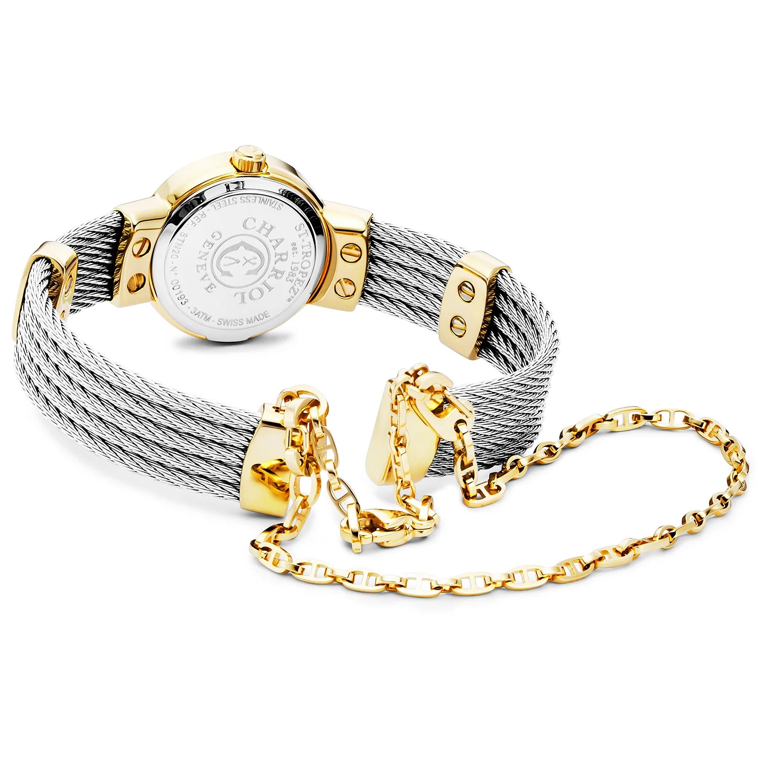 ST TROPEZ, 20MM, CALIBRE CUARZO, ESFERA DE PERLA MADRE, PVD ORO AMARILLO CON 24 DIAMANTES, PULSERA DE CABLE DE ACERO - Charriol Geneve - Watch