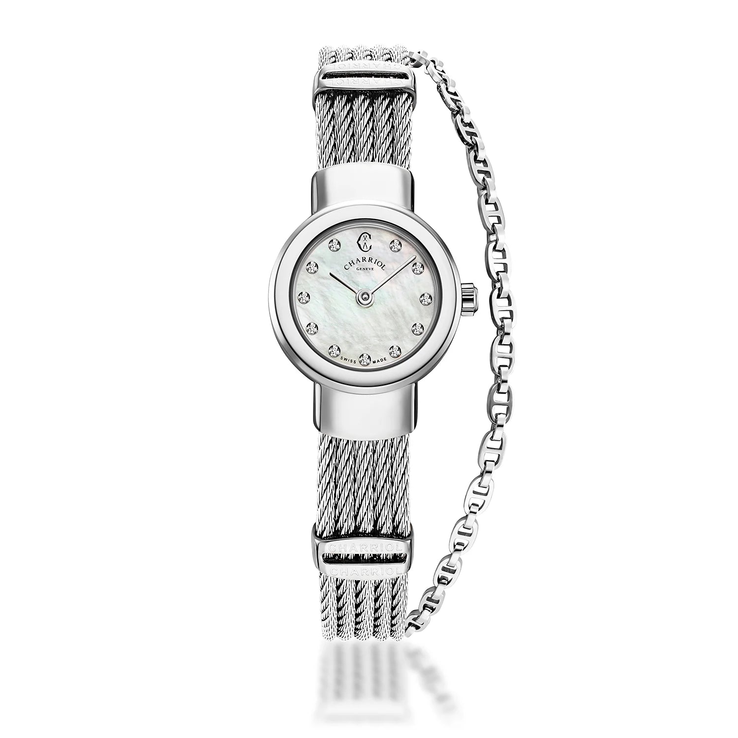 ST TROPEZ, 20MM, CUARZO CALIBRE, PERLA MADRE CON 11 DIAMANTES DIAL, ACERO BEZEL, ACERO PULSERA DE CABLE - Charriol Geneve - Watch