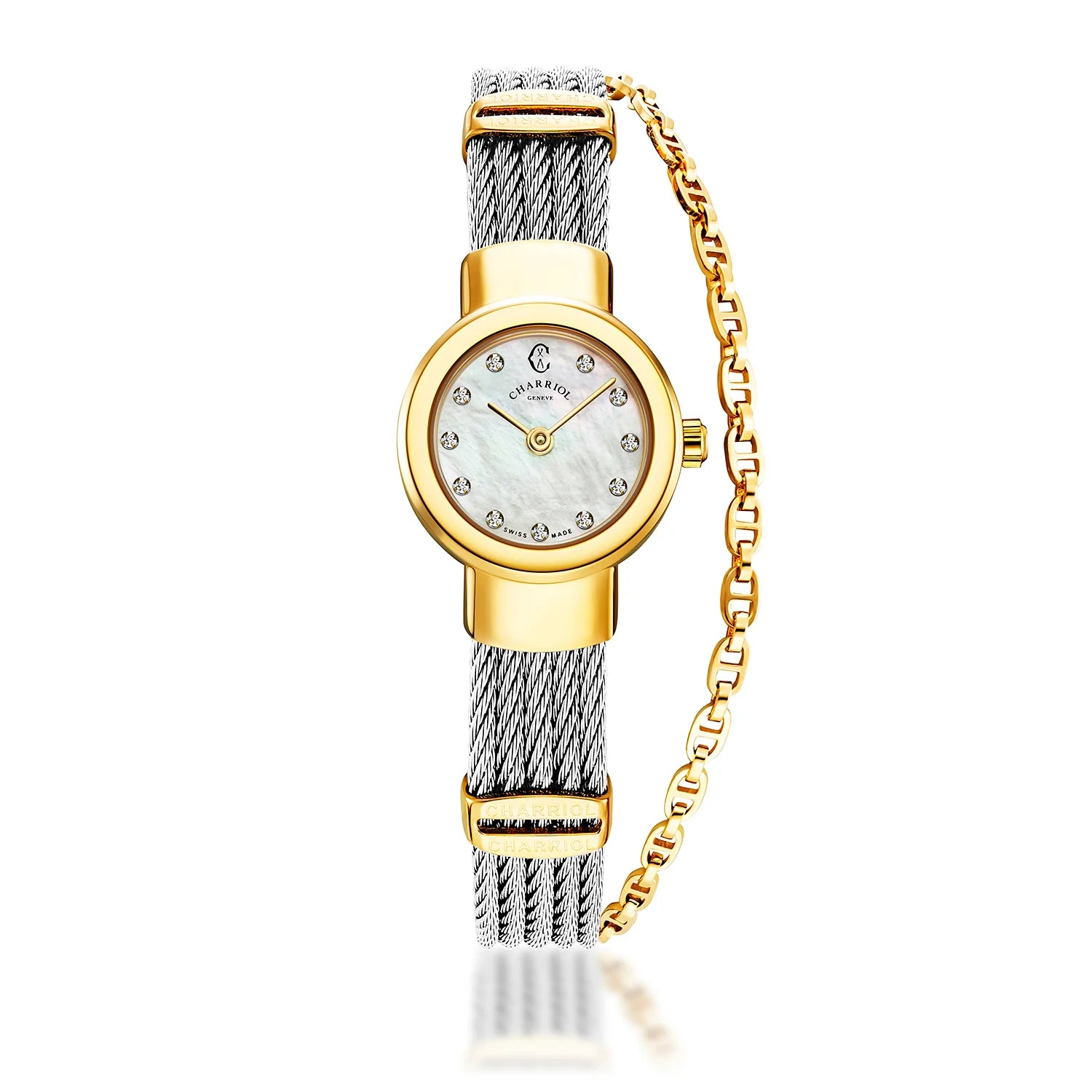 ST TROPEZ, 20MM, CUARZO CALIBRE, PERLA MADRE BLANCA CON 11 DIAMANTES DIAL, ACERO PVD ORO AMARILLO, PULSERA DE CABLE DE ACERO - Charriol Geneve - Relojes