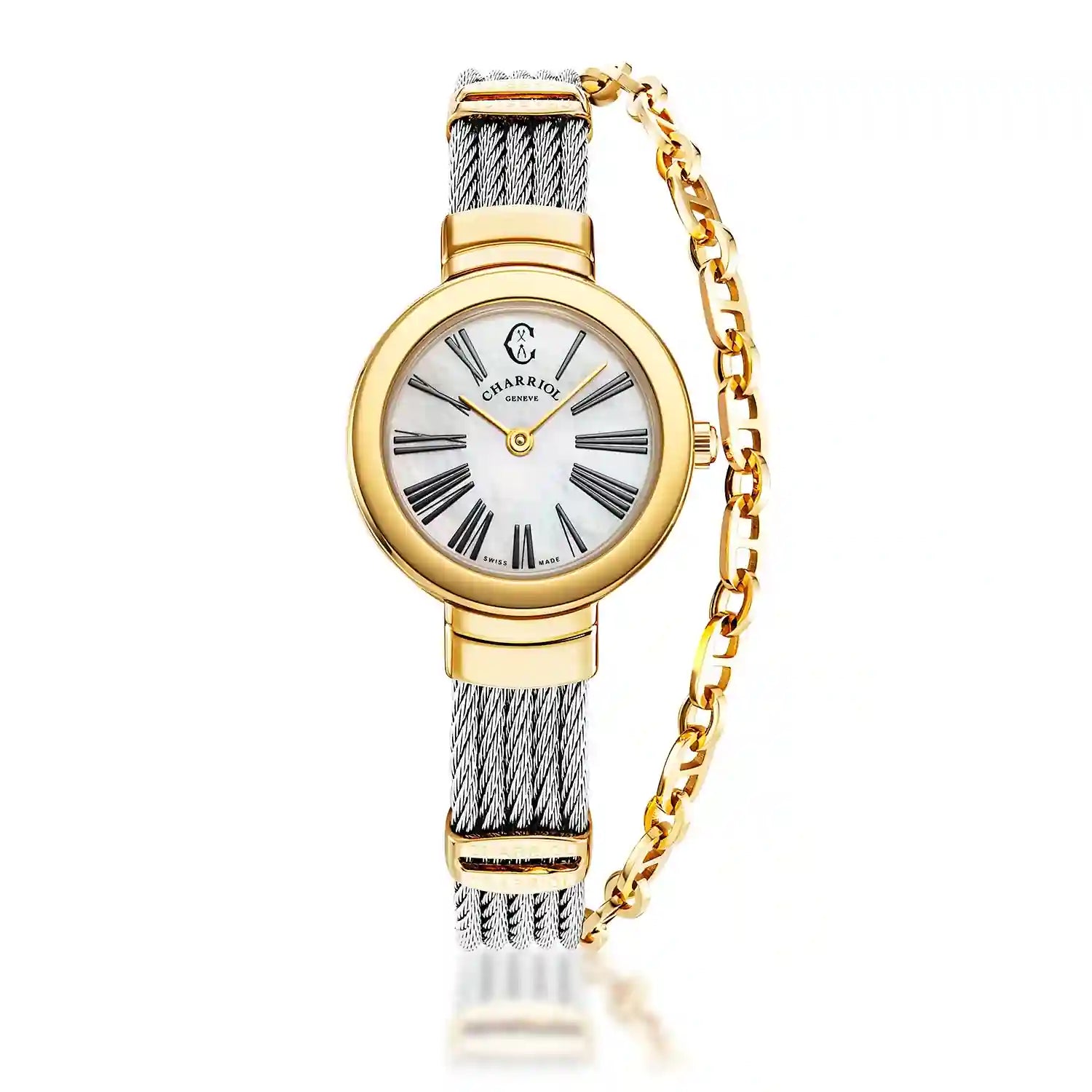 ST TROPEZ®, 25 MM, CALIBRE DE CUARZO, ESFERA DE NÁCAR, BISEL DE PVD DE ORO AMARILLO, BRAZALETE DE CABLE DE ACERO