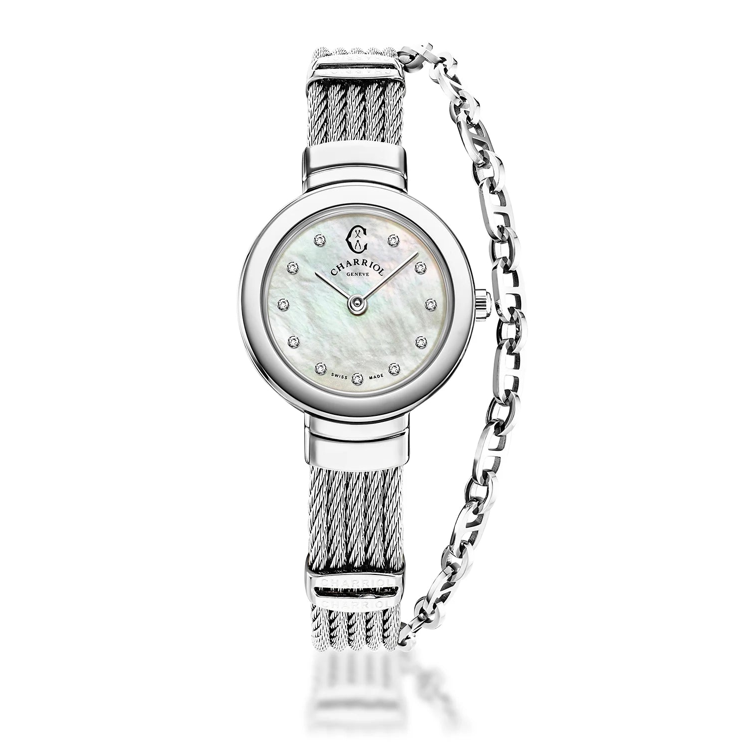 ST TROPEZ, 20MM, CUARZO CALIBRE, PERLA MADRE CON 11 DIAMANTES DIAL, ACERO BEZEL, ACERO PULSERA DE CABLE - Charriol Geneve - Watch