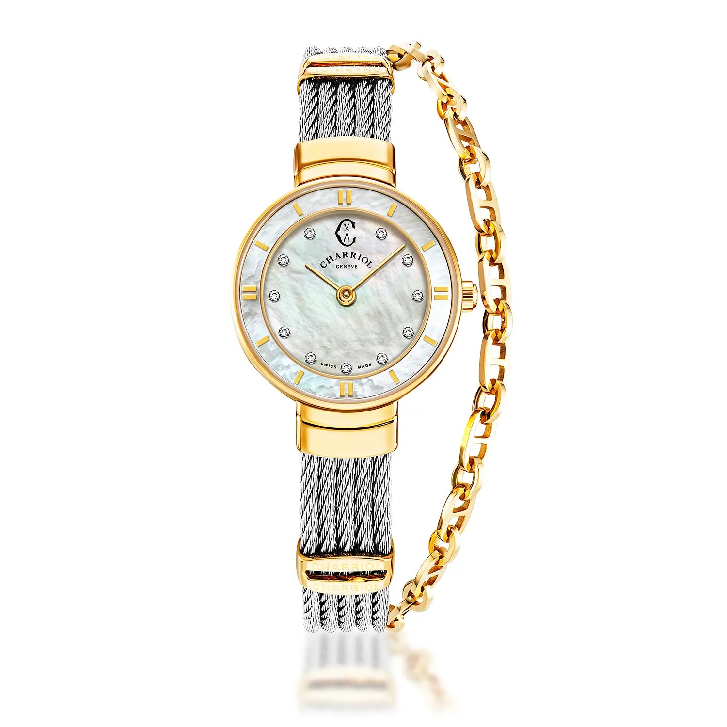 ST TROPEZ, 25MM, CUARZO CALIBRE, PERLA CON 11 DIAMANTES DIAL, ORO AMARILLO PVD BEZEL, ACERO CABLE PULSERA - Charriol Geneve - Watch