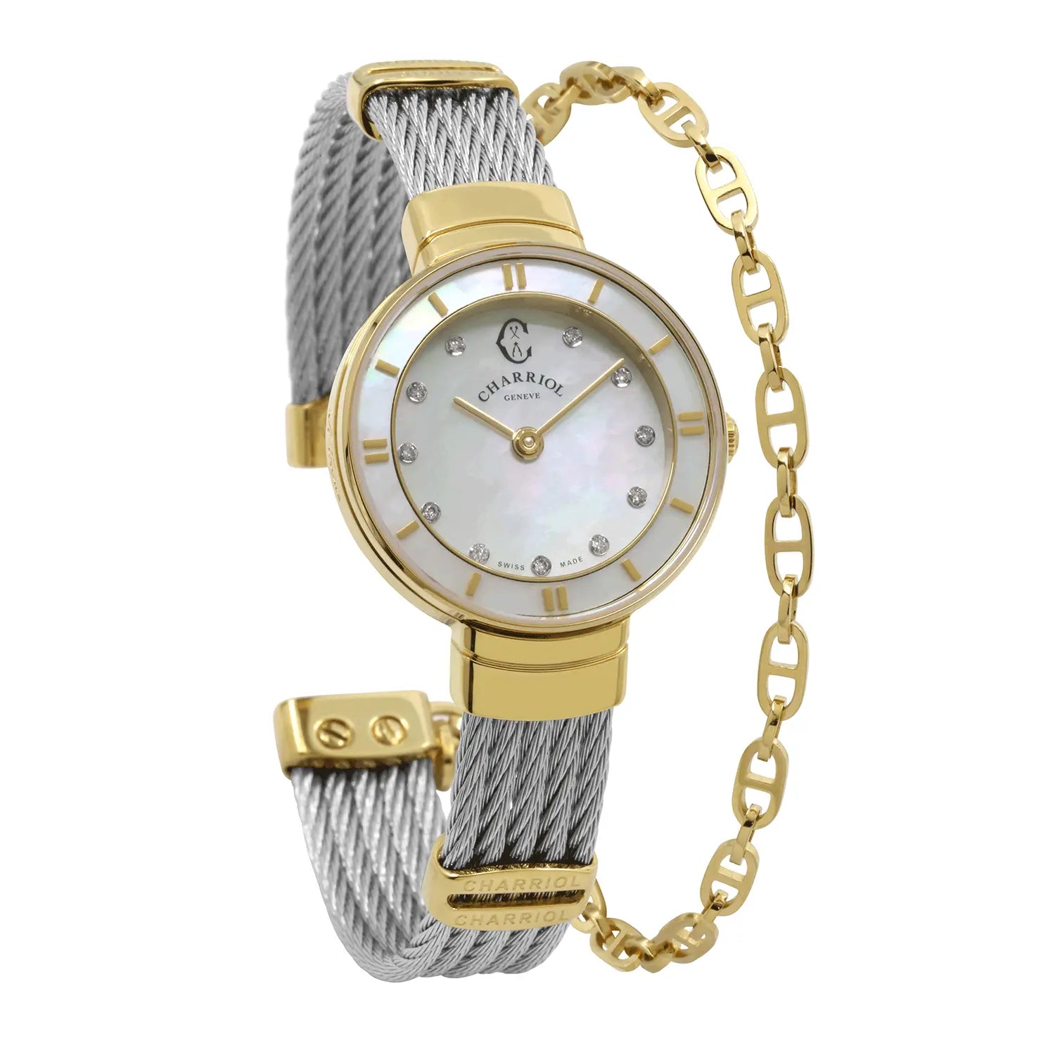 ST TROPEZ, 25MM, CUARZO CALIBRE, PERLA CON 11 DIAMANTES DIAL, ORO AMARILLO PVD BEZEL, ACERO CABLE PULSERA - Charriol Geneve - Watch