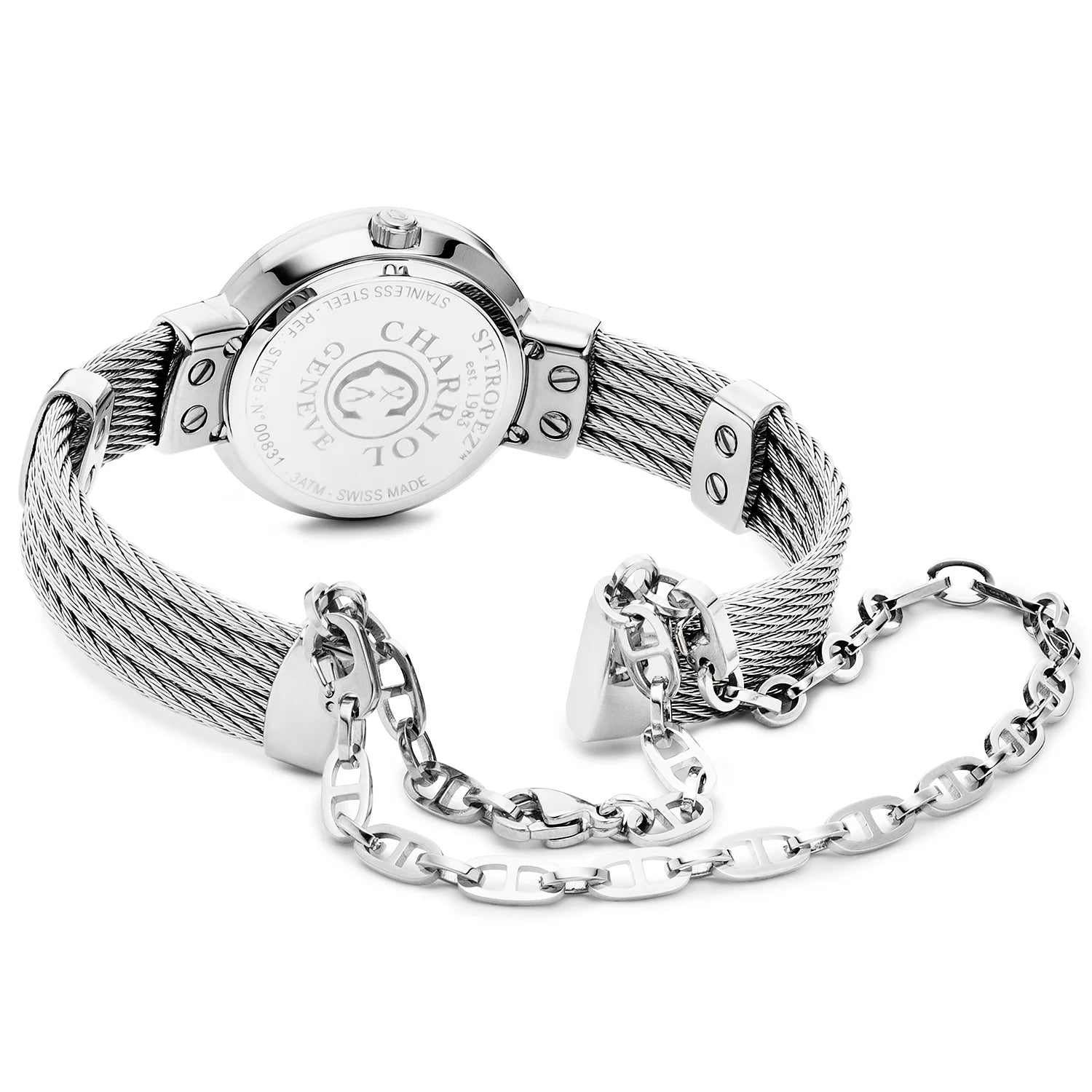 ST TROPEZ, 25MM, CUARZO CALIBRE, PERLA BLANCA CON LUMINOSA "LOVE" DIAL, PERLA BLANCA CON 8 DIAMANTES BEZEL, PULSERA DE CABLE DE ACERO - Charriol Geneve - Relojeria