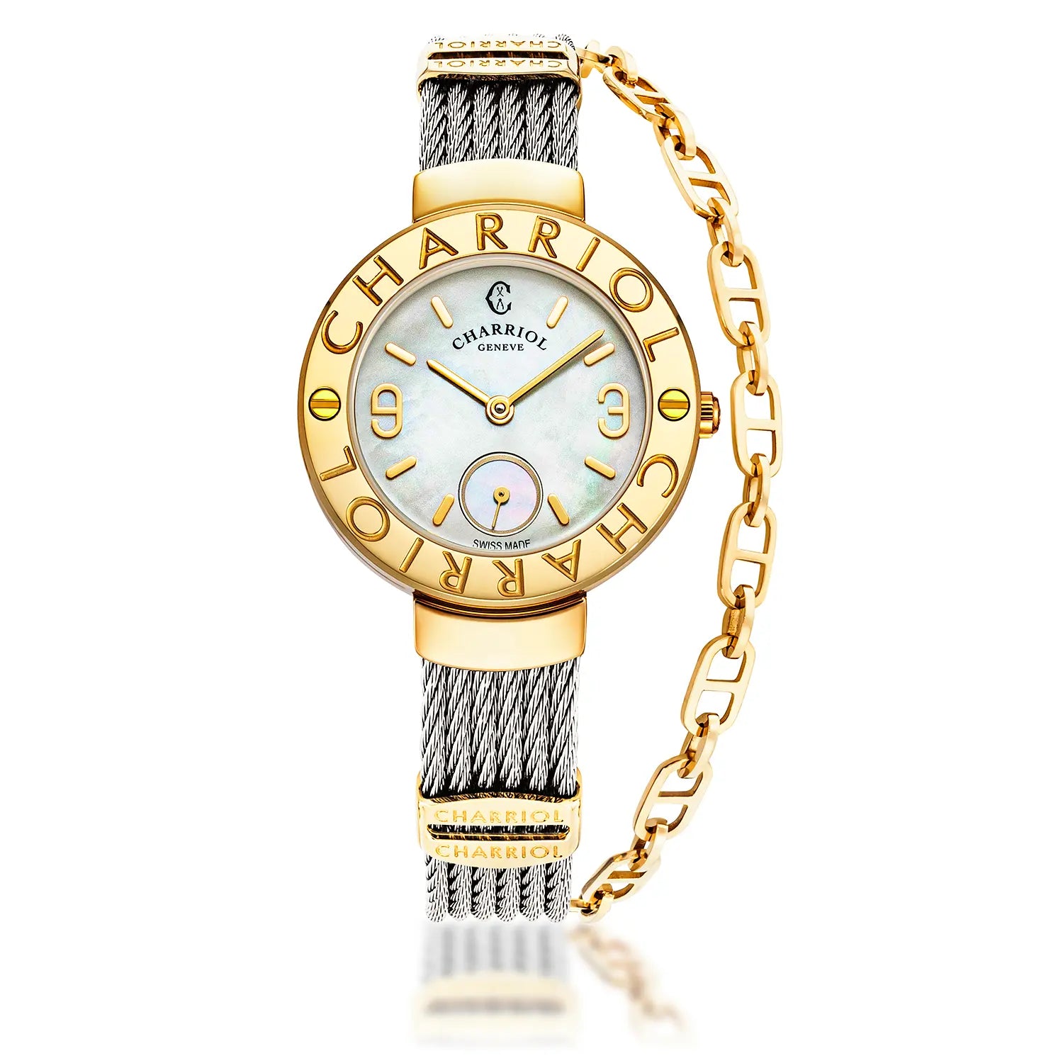 ST TROPEZ, 30MM, CALIBRE CUARZO, DIAL DE PERLA MADRE, "CHARRIOL CHARRIOL " BEZEL, PULSERA DE CABLE DE ACERO - Charriol Geneve - Relojes