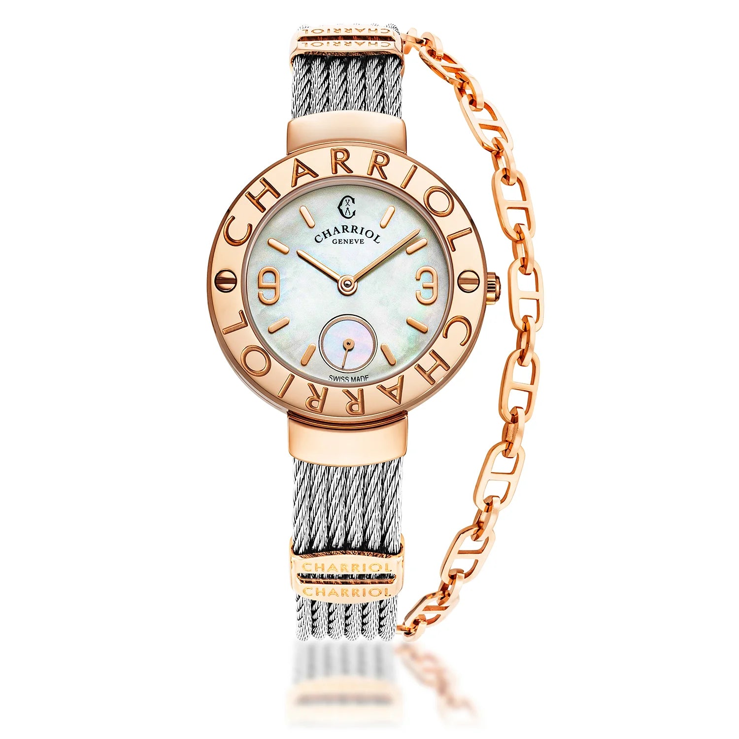 ST TROPEZ, 30MM, CALIBRE CUARZO, DIAL DE PERLA MADRE, "CHARRIOL CHARRIOL " BEZEL, PULSERA DE CABLE DE ACERO - Charriol Geneve - Relojes