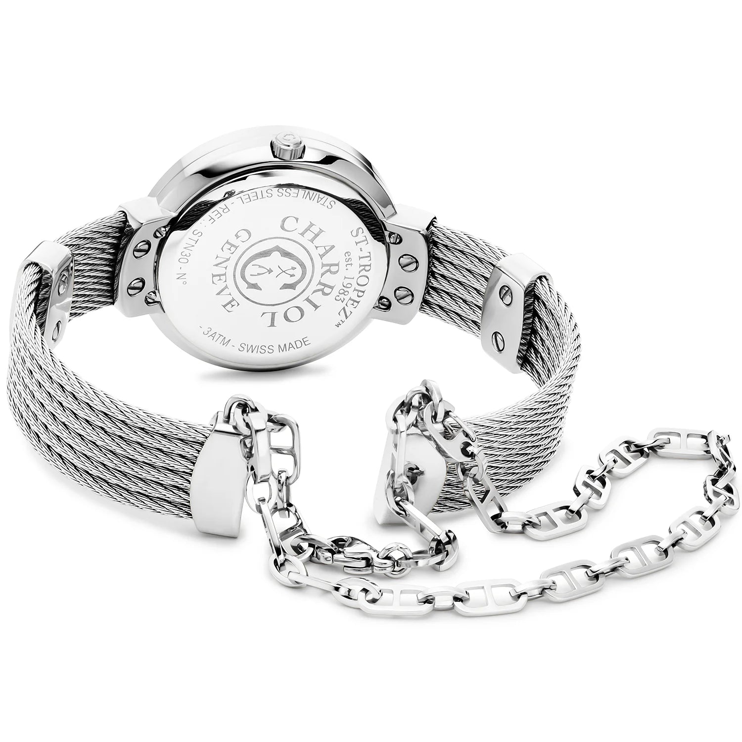 ST TROPEZ, 30MM, CALIBRE CUARZO, ESFERA MADREPERLA, ACERO CON 6 DIAMANTES, PULSERA DE CABLE DE ACERO - Charriol Geneve - Relojes