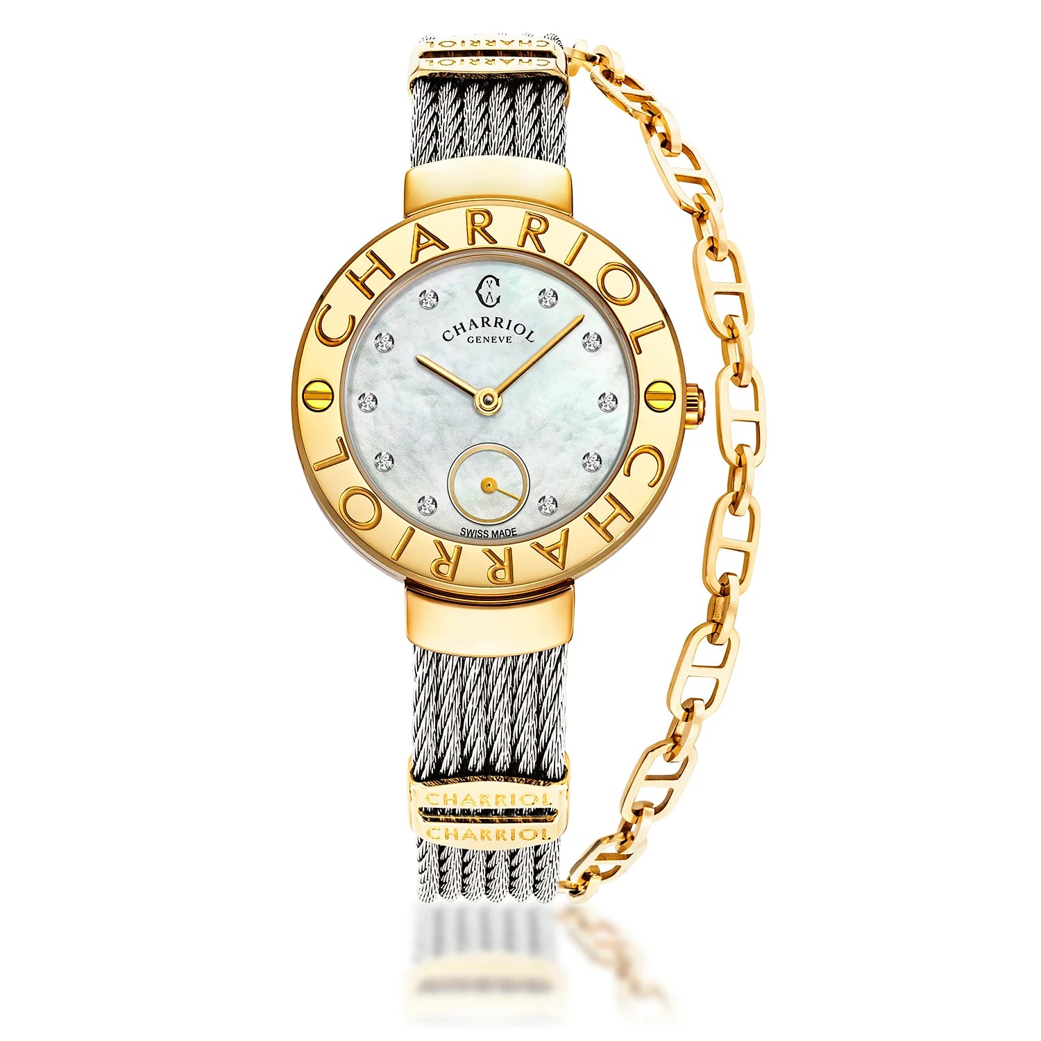 ST TROPEZ, 30MM, CALIBRE CUARZO, PERLA MADRE CON 10 DIAMANTES DIAL, "CHARRIOL CHARRIOL " BEZEL, PULSERA DE CABLE DE ACERO - Charriol Geneve - Watch