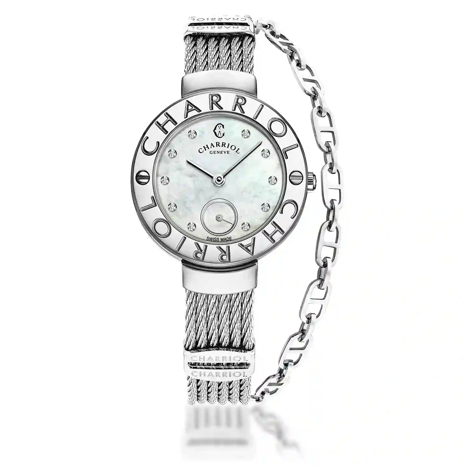 ST TROPEZ, 30 MM, CALIBRE DE CUARZO, ESFERA DE NÁCAR CON 10 DIAMANTES, BISEL "CHARRIOL CHARRIOL ", BRAZALETE DE CABLE DE ACERO